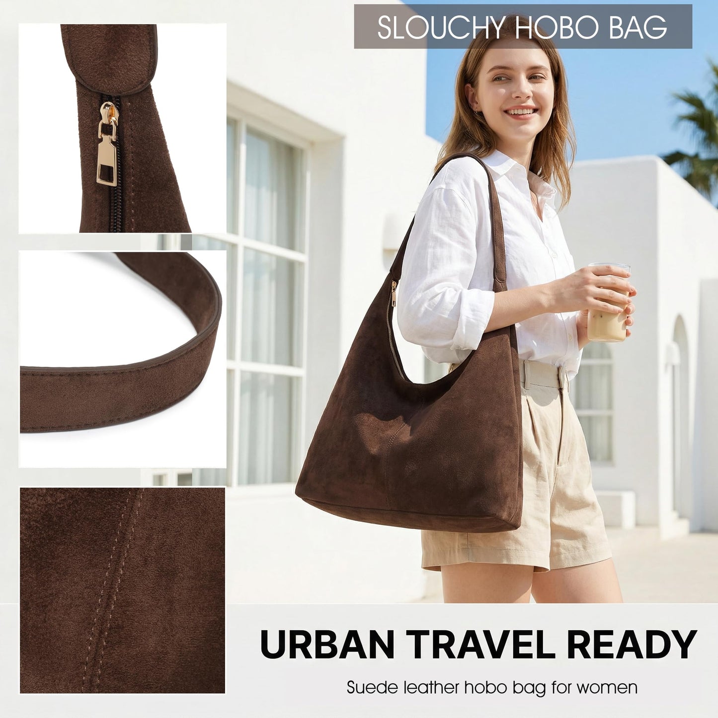 Slouchy Suede Hobo bag for Women Casual Shoulder Bag Soft Cresent Tote Purse Handbag Work Travel