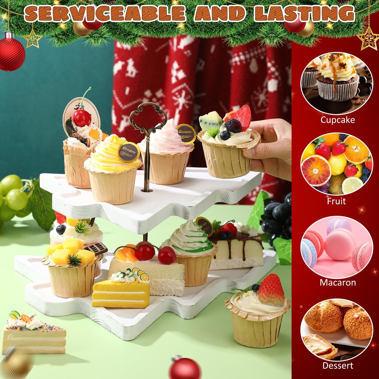 Amyhill Wood 2-Tiered Christmas Tree Tray Cupcake Stand Dessert Display Holiday Serving Platters Xmas Wooden Charcuterie Board for Snacks Food Fruit Appetizers Desserts Cookies(Distressed White)