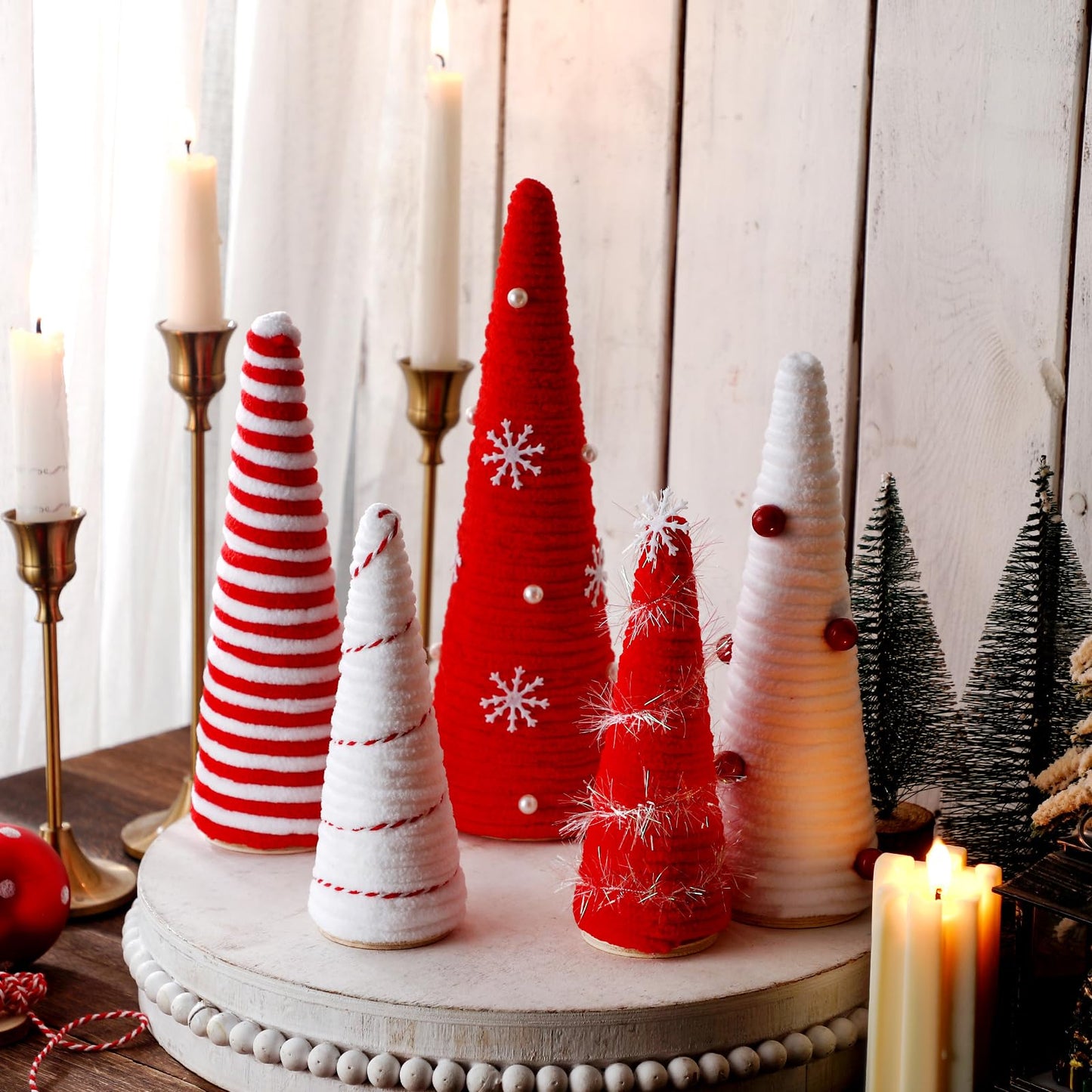 Realspring 5 Pcs Christmas Table Decorations Mini Artificial Wood Tree Xmas Decor Red White Tiered Tray Centerpieces Farmhouse Decor for Indoor Room Kitchen Home