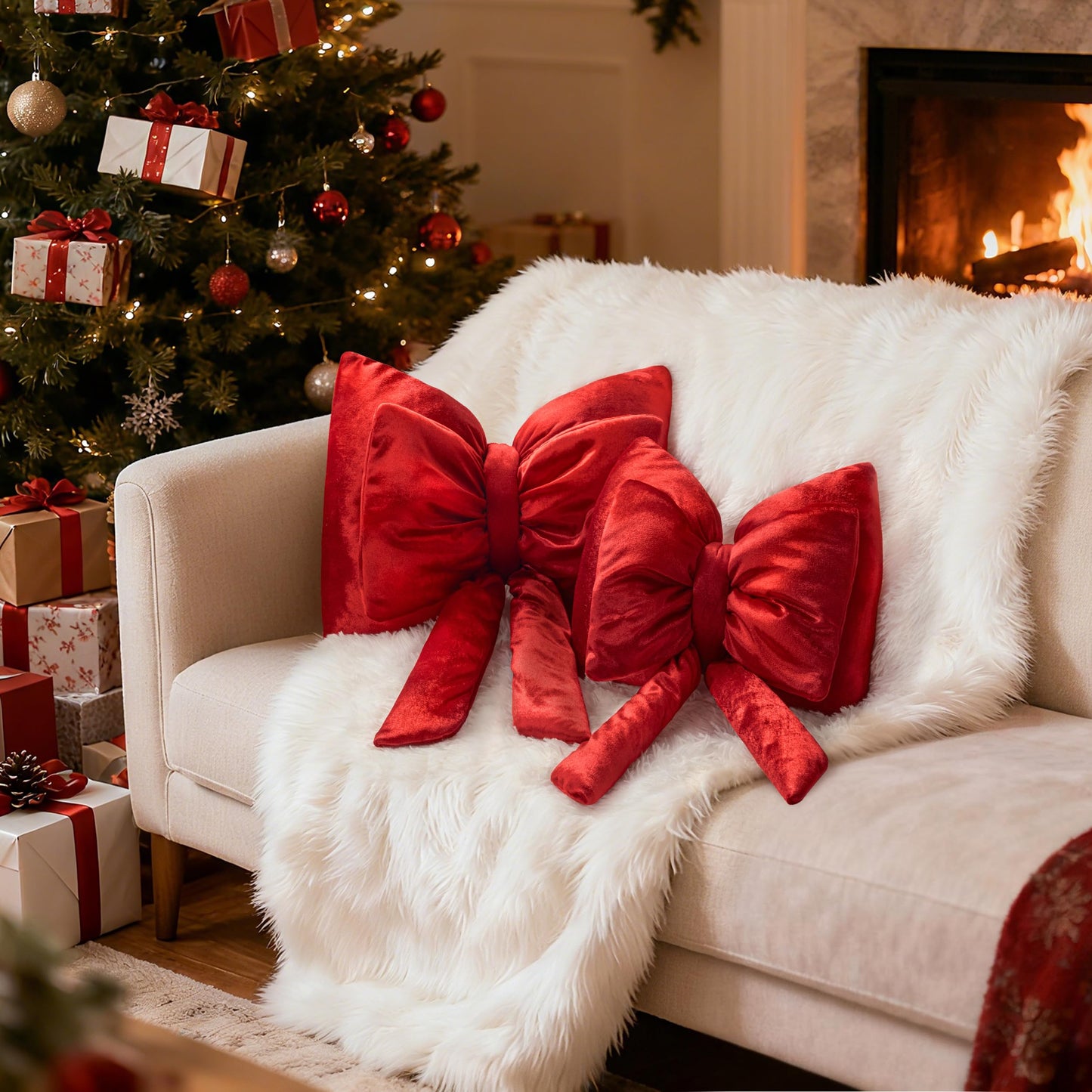 AELS Bow Pillow Decorative Throw Pillow Set of 2, Shining Velvet Cute Pillow Cute Pillow for Valentine's Day, Wedding, Christmas, Living Room, Bedroom, Nursery Decor, Red