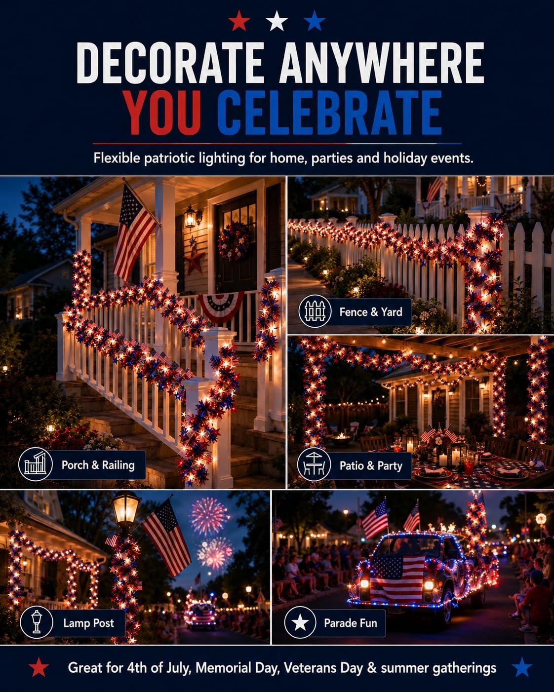 American Flag & Star Red White Blue Fairy Lights, Battery Operated Patriotic Lights with Tinsel Garland, Warm White LED 4th of July Decorations for Memorial Day Independence Day Decor(20 FT,1pc)