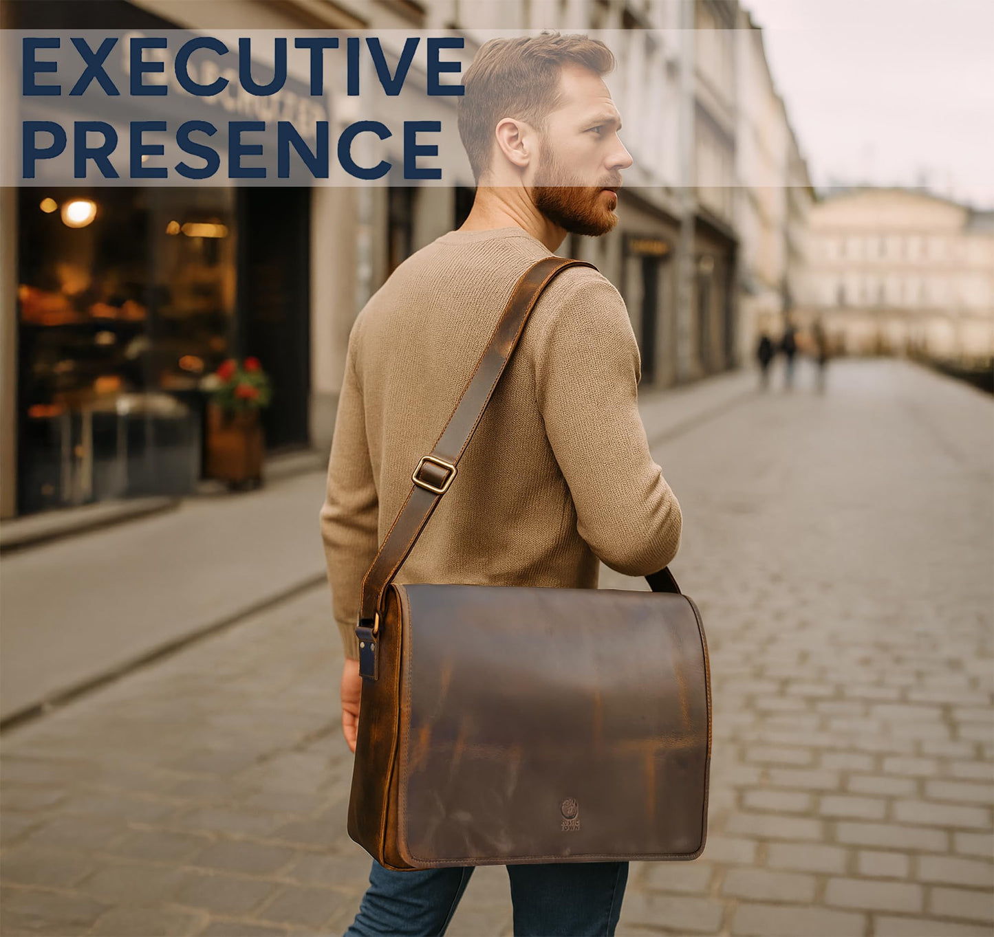 RUSTIC TOWN Leather Messenger Bag for Men Women - Full Grain Leather Laptop Satchel Office Shoulder Bag (16-Inch, Brown)