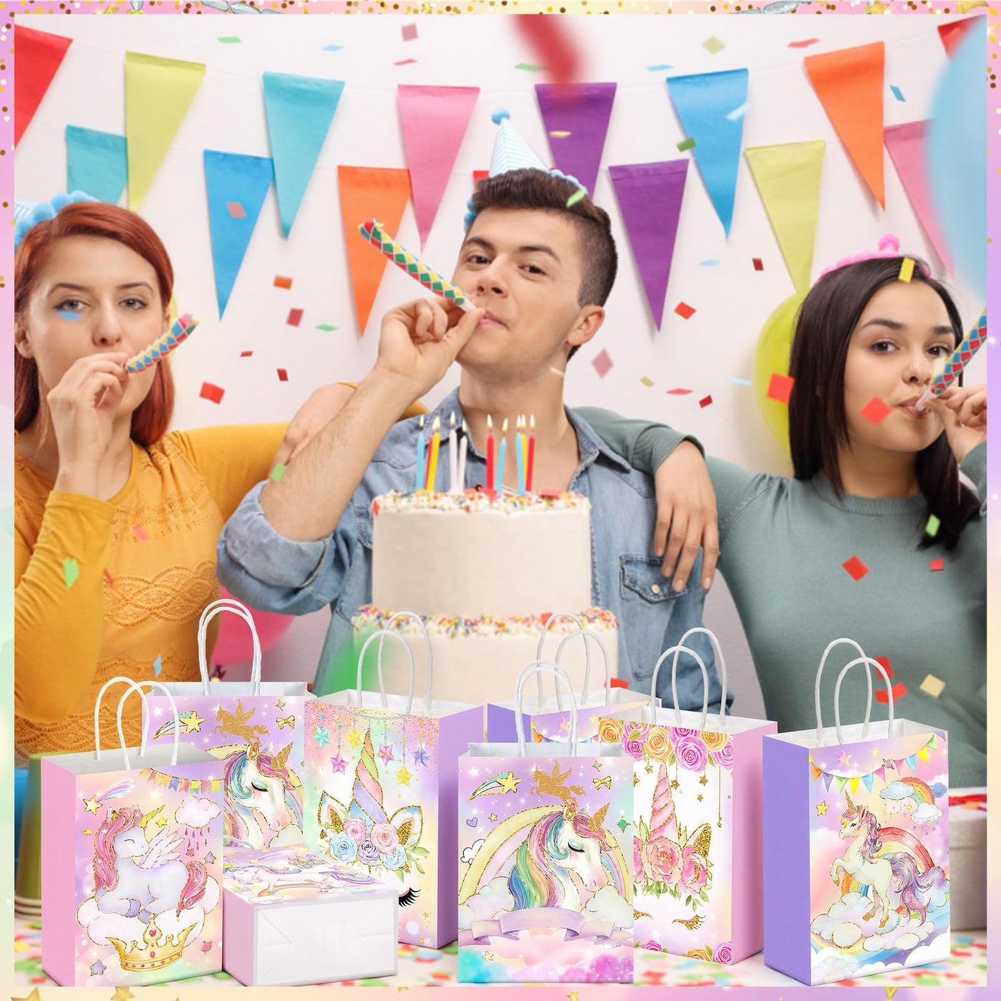 Kolldenn 48 Pcs Unicorn Party Favor Bags for Birthday Party Supplies Cute Unicorn Gift Goodie Paper Bags with Handles Rainbow Goody Treat Candy Pouch for Girls Birthday Baby Shower Decorations