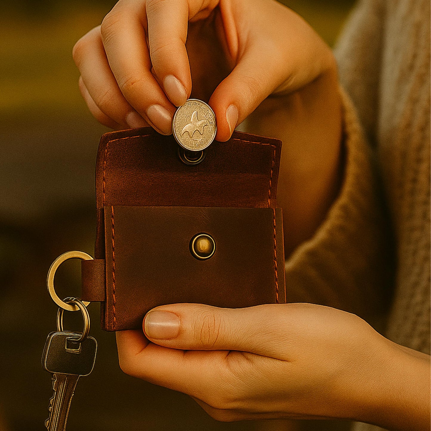 PavinCrafter Leather Coin/Ring Holder Keychain – Mini Pouch with Key Ring, Handmade Small EDC Wallet for Coins, Jewelry, Rings & Keys – Dark Brown