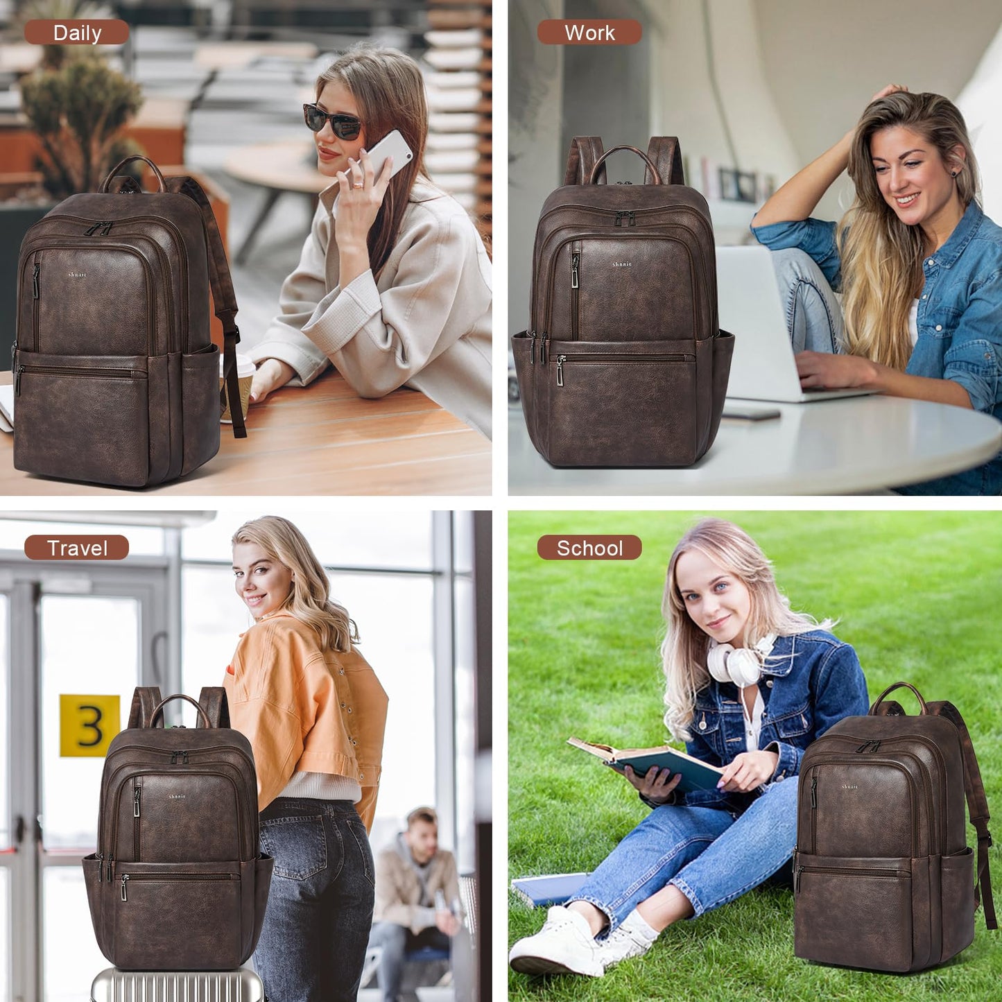 Shrrie Leather 17 inch Laptop Backpack for Women, Large Travel Backpack Purse for Casual Daypack College Work Bag