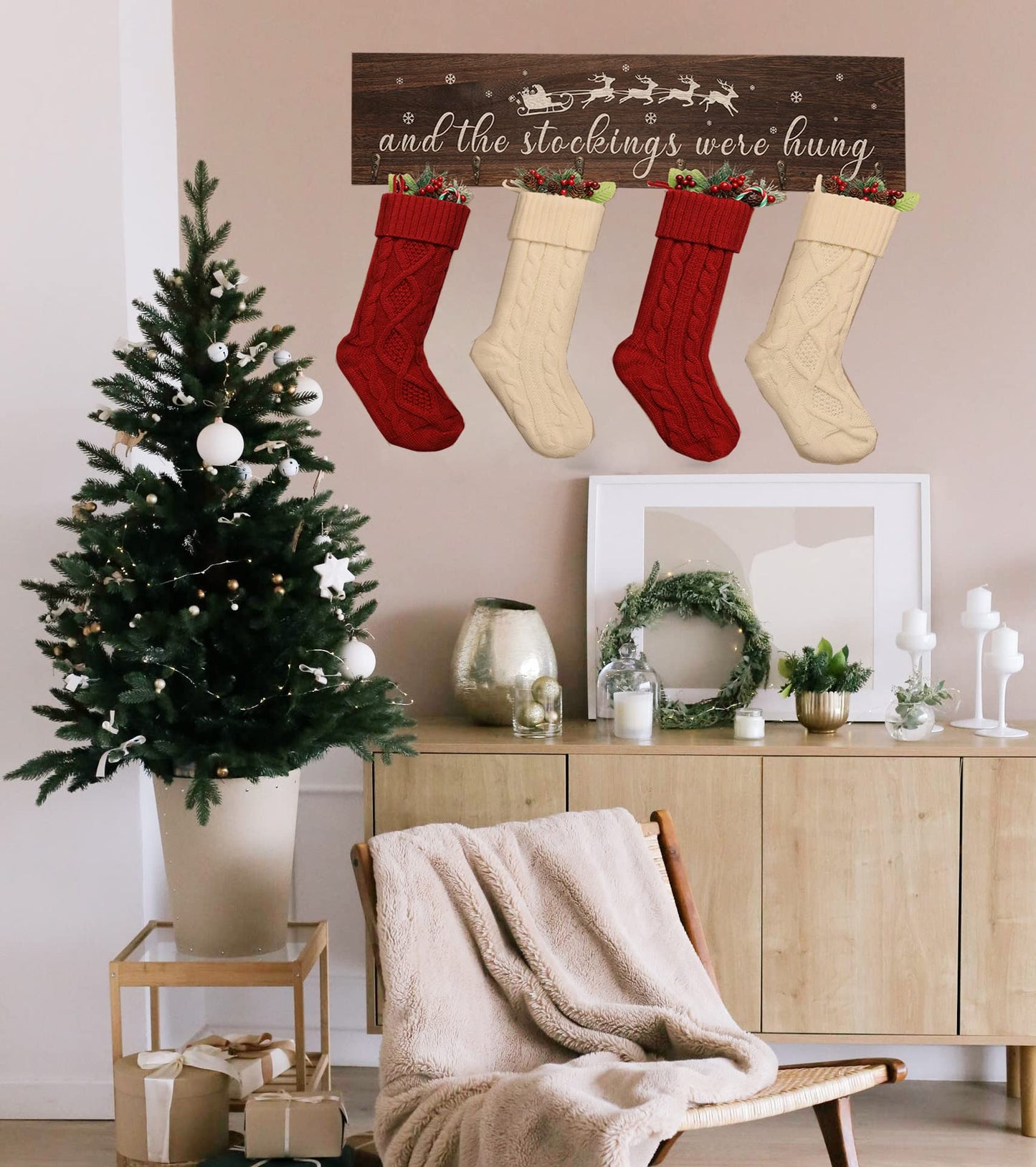 KORMMCO Christmas Stocking Holder, The Stocking were Hung Wood Hanging Sign, Stocking Holder for Wall, Xmas Stocking Holder with 6 Hangers for Fireplace Mantel, 24 inch,Brown,