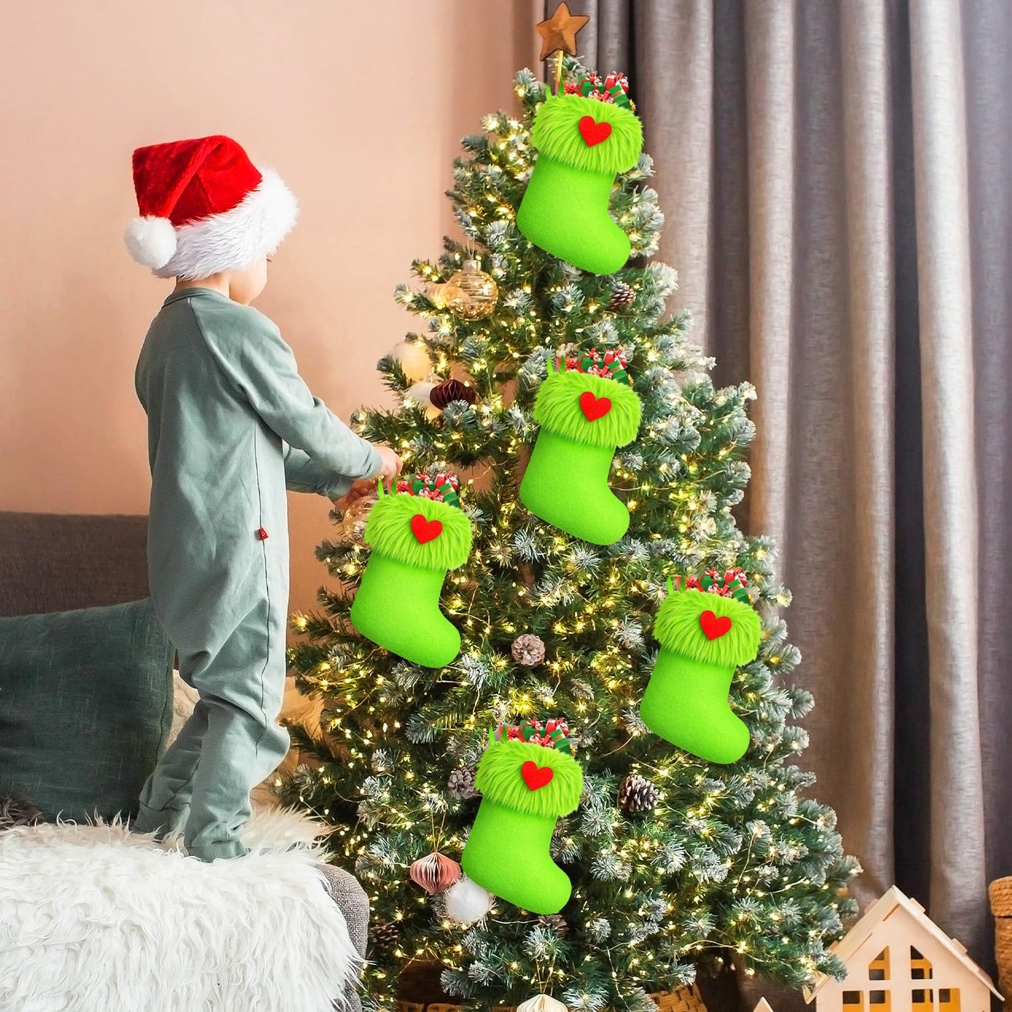 Realspring 24pcs Mini Christmas Stockings 6 Inch Green Faux Fur Xmas Stockings Mini Gift Small Fireplace Hanging Holiday Decorations Xmas Present for Christmas Family Party Tree Fireplace