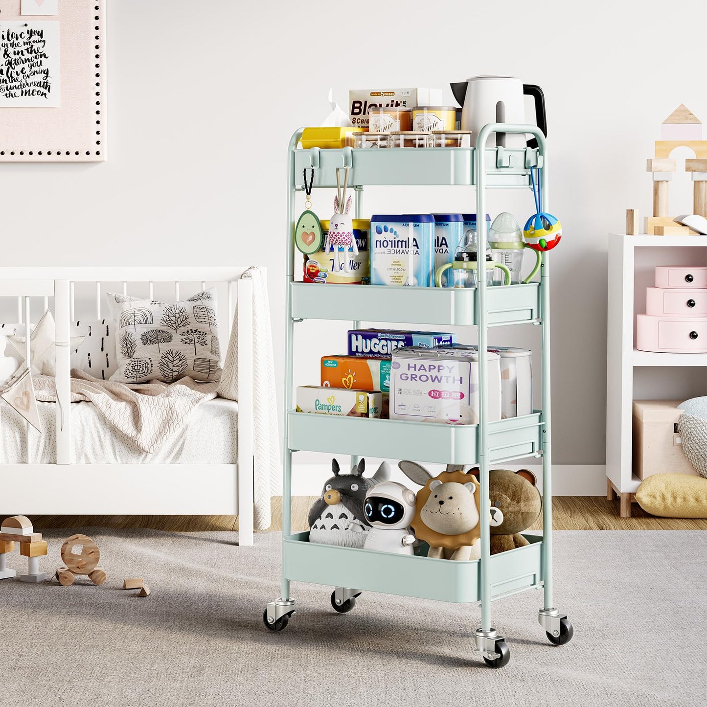 TOOLF 4-Tier Rolling Cart - Metal Storage Organizer with Lockable Wheels, 44 lbs Per Shelf Capacity, Tool-Free Assembly, for Kitchen Bathroom Office Laundry Room Nursery, Green