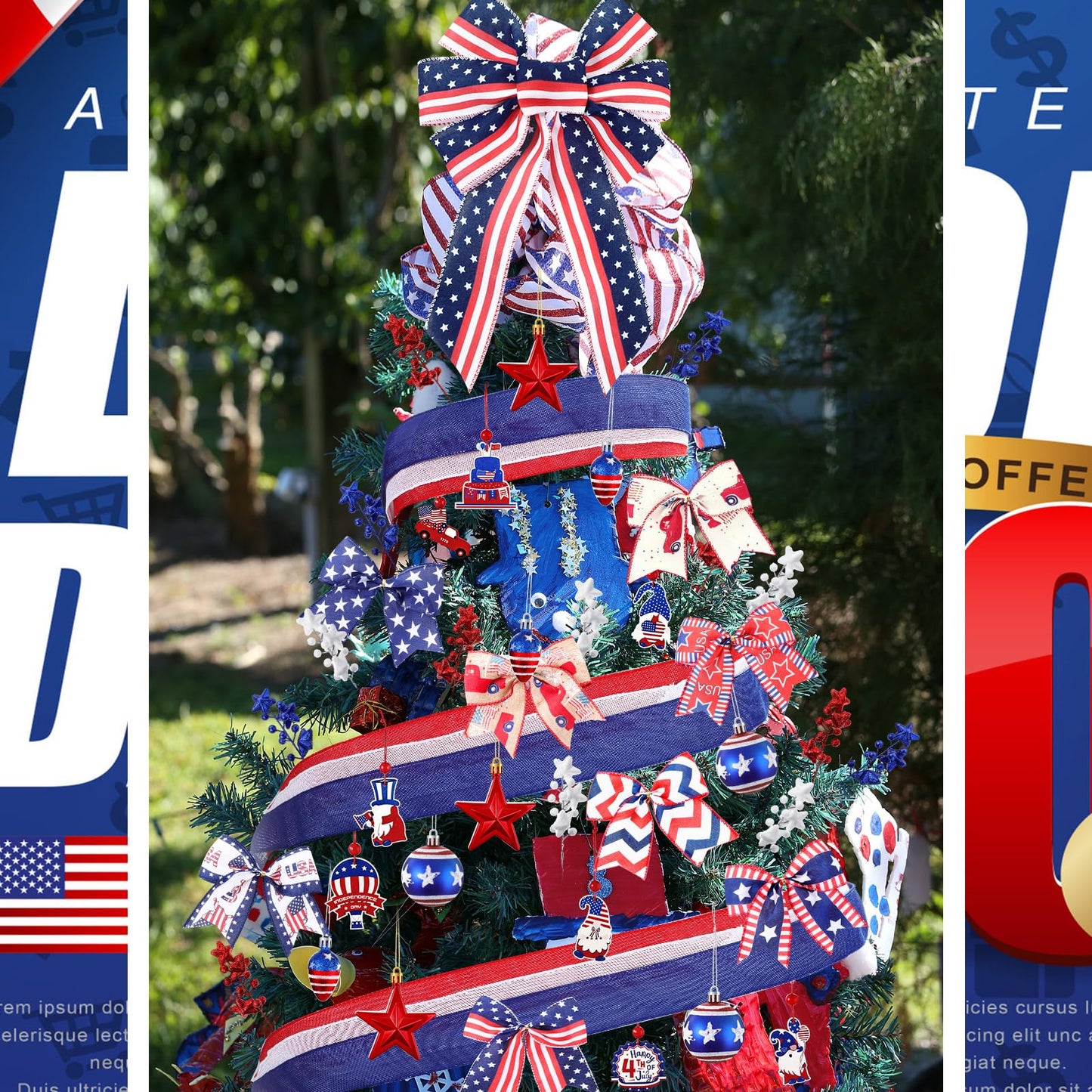 43 Pcs 4th of July Patriotic Tree Decorations Independence Day Christmas Tree Ornaments Ribbon Bow Topper Red White and Blue Hanging Ornaments for National Memorial Day Party