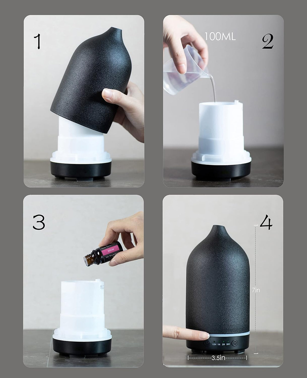 Essential Oil Diffuser,Handcrafted Ceramic Diffuser for Home,Ultrasonic Cool Mist Air Diffuser, 9 Colors Night Light with Timer (Black)