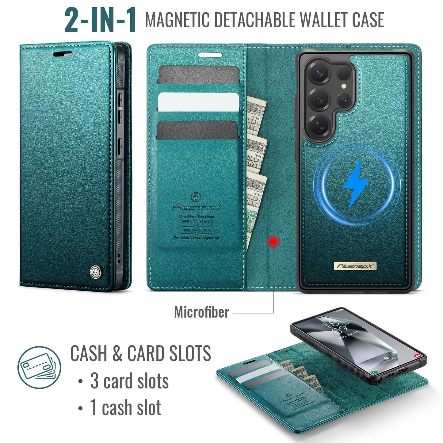 PlusnapX Wallet Case for Samsung Galaxy S24 Ultra Compatible with Magsafe, 2-in-1 PU Leather Flip RFID Blocking Card Holder Stand Shockproof Magnetic Detachable Cover for Galaxy S24 Ultra, Bluegreen