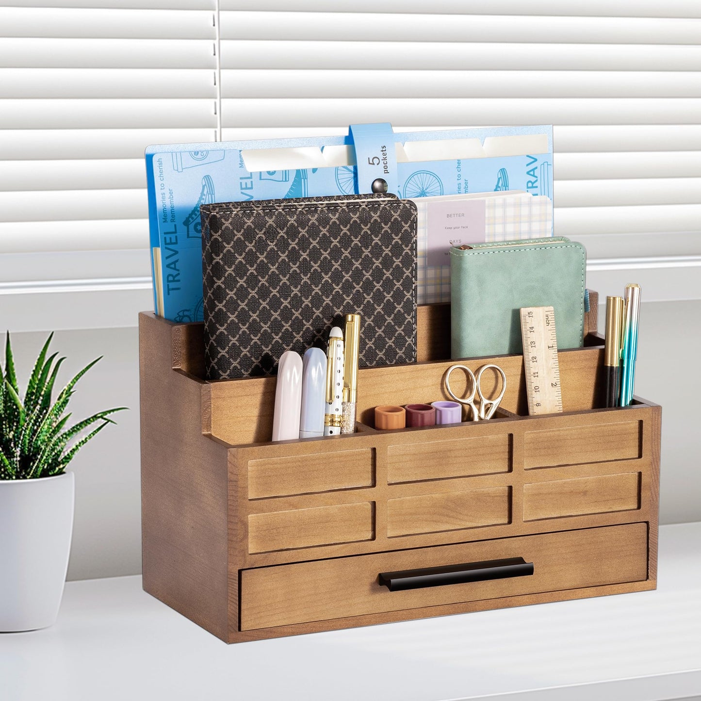 dreampossible Brown Wood Desk Organizer and Accessories with Drawer, Bill Mail Organizer and File Mail Holder for Office Supplies, Rustic Desk Accessories & Workspace Organizers