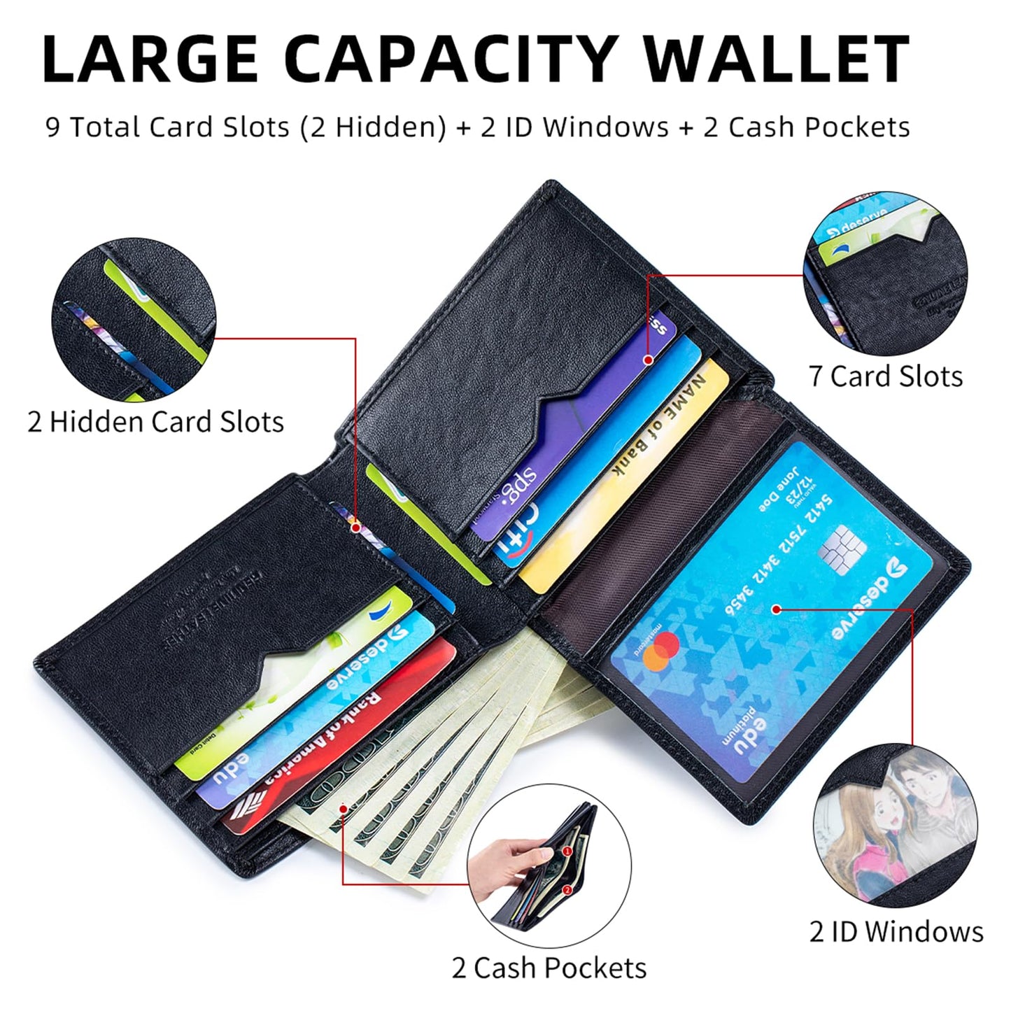 Golnestyn RFID Blocking Leather Wallets for Men, Men's Top Grain Leather Bifold Wallet with 9 Card Slots, 2 ID Windows, Slim Non Bulky Durable Wallet for Travel & Business Gift (Black)