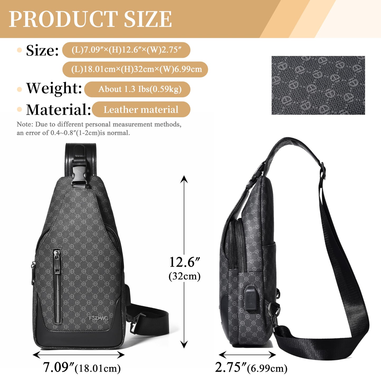 FSD. WG sling Backpack for Men Chest Bag Crossbody Shoulder Bags Travel Hiking Bag Purse for Men with Water Resistant