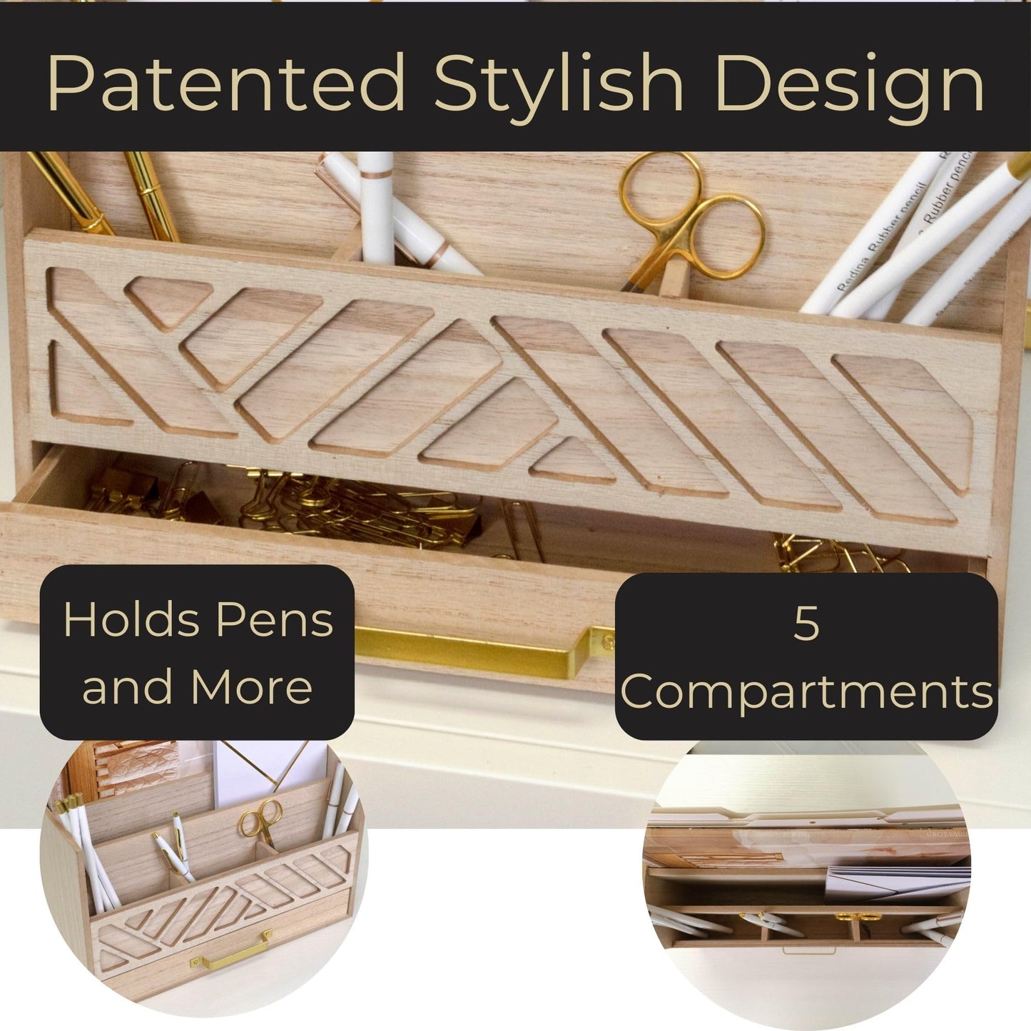 BLU MONACO | Wooden Mail Organizer with Drawer and Gold Handle | Outgoing Mail Holder and Letter Sorter for Desk | Natural Wood Desktop Paper Organizer