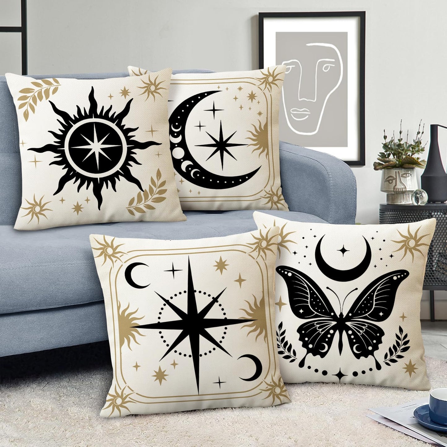 Fahrendom Celestial Sun Moon Phase Decorative Throw Pillow Covers 18 x 18 Set of 4, Boho Star Butterfly Mystical Astrology Porch Patio Outdoor Pillowcase, Witchy Sofa Couch Cushion Case Home Decor