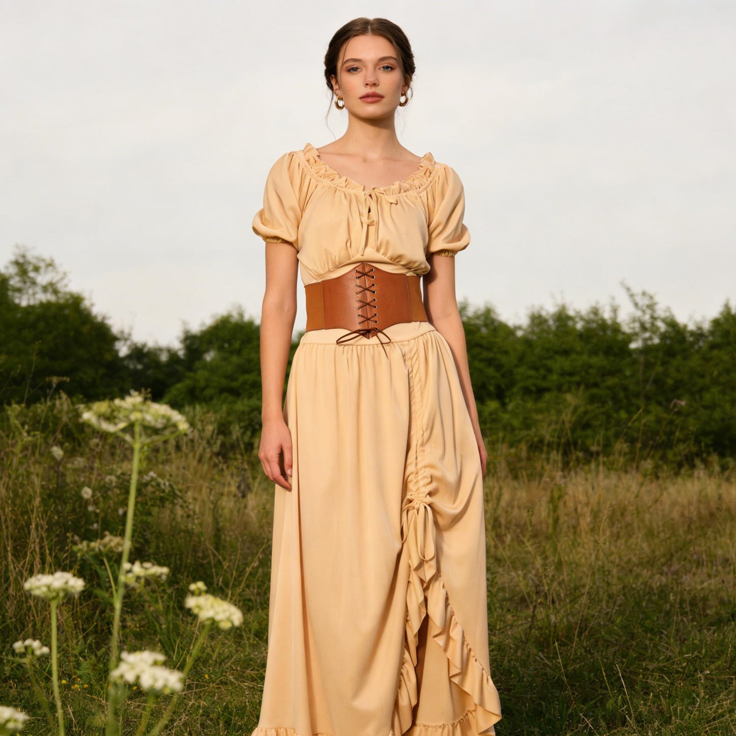 Wildarms Corset Waist Belt for Women, Wide Elastic Tie Waspie Belt for Dresses (Brown, Fit Waist 30-33in)