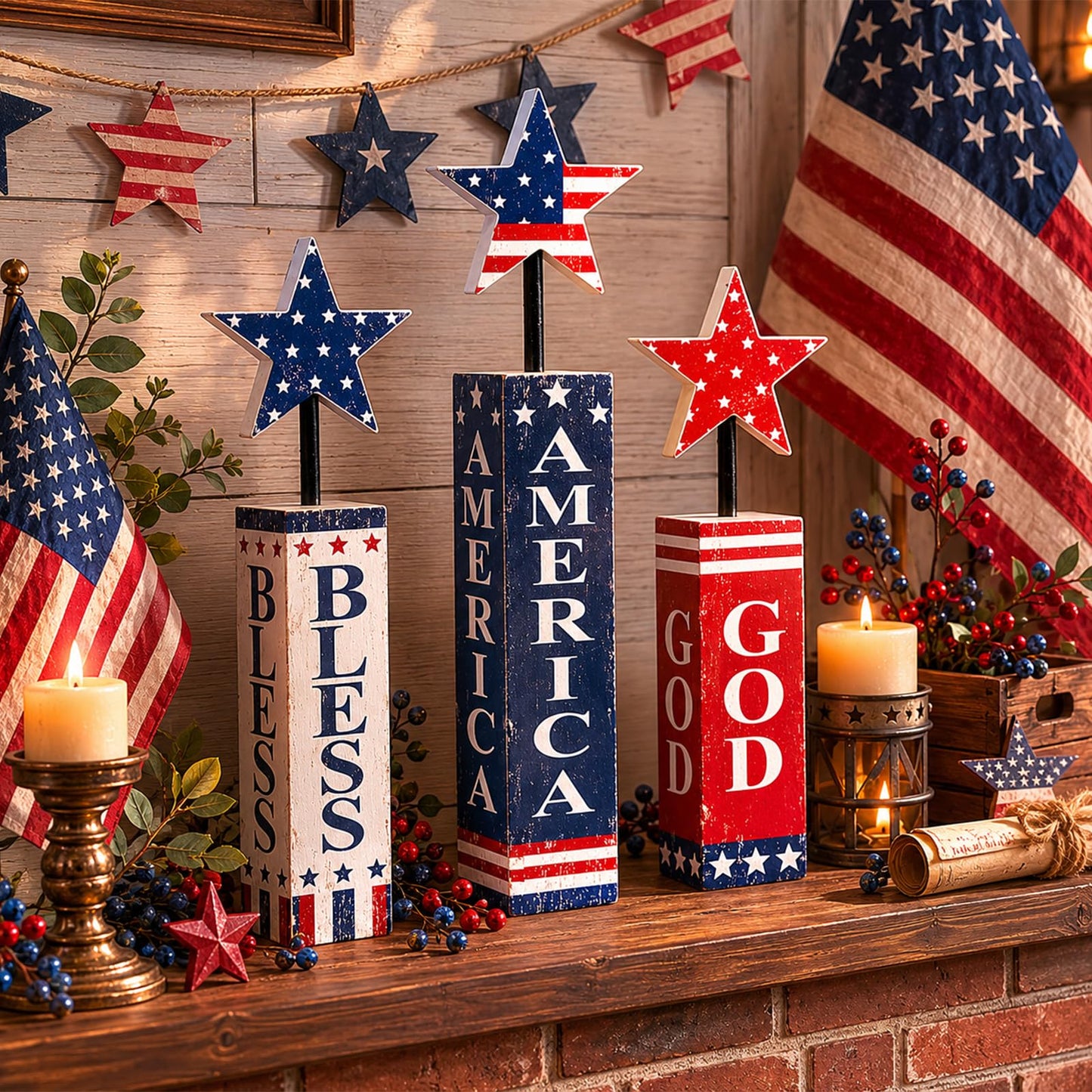 4th of July Table Decorations Wooden Patriotic Tiered Tray Decor 3 Pcs Memorial Day Decorations Red White Blue Centerpieces USA Star Wood Blocks for 250th Anniversary Independence Day Home Office
