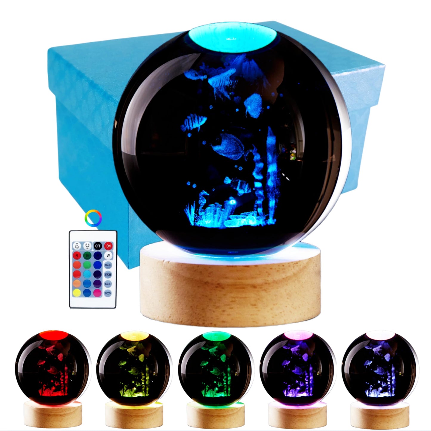Conalisk 3D Underwater World Crystal Ball Lamp,Lifelike LED Fish Crystal Night Light,16 Colors Changing Light,Dimmable Remote Control,Desk Ocean Lamp (N)