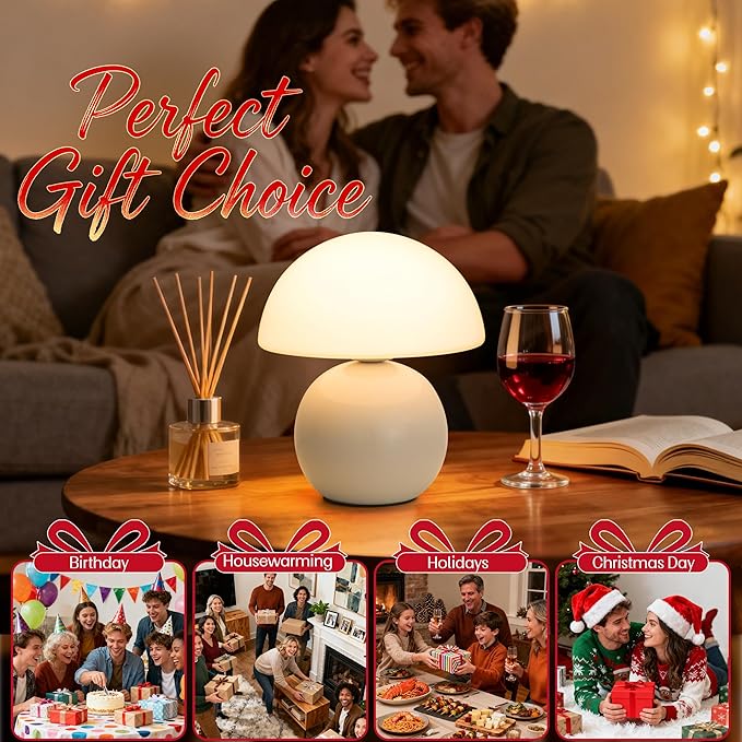 Small Mushroom Lamp,USB-Plug in Bedside Table Lamps with 3-Temperature LED Bulb Dimmable,Unique Cute Aesthetic Home Decor for Living Room,Bedroom, Modern Ceramic Base Glass Lamp(White)