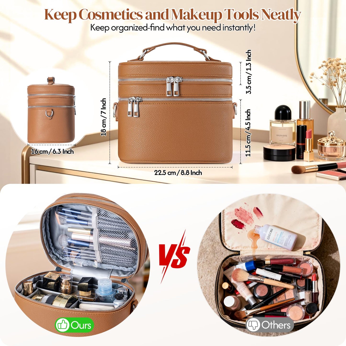 cysiyu Leather Makeup Bag Organizer Double Layer Vanity Bag Large Capacity with Compartments and Handle Travel Portable Storage Crossbody Cosmetic Jewelry Case for Women. Brown