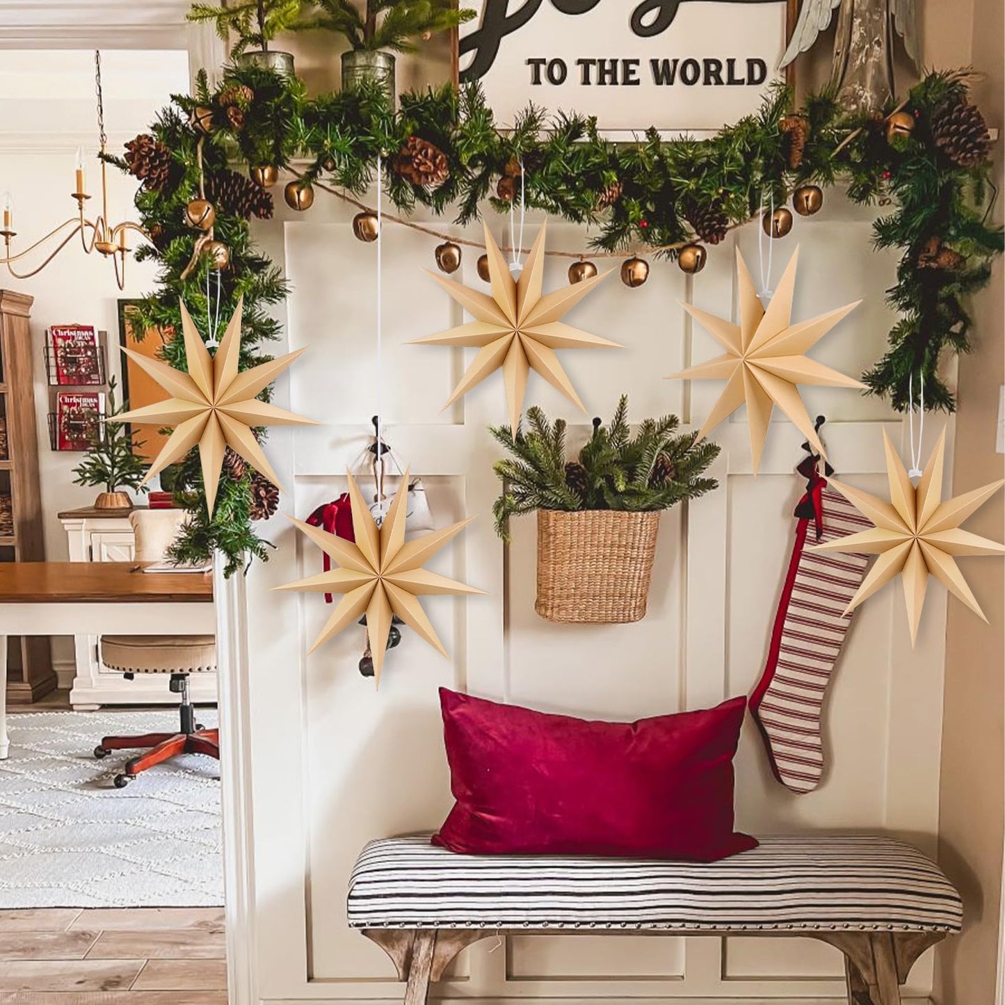 BestoFun 12 Inches 5 PCS Natural Paper Star Lanterns Christmas Hanging Lamp Rustic Paper Decorations Shade Wedding Birthday Christmas Home Party Decorations (9 Pointed)