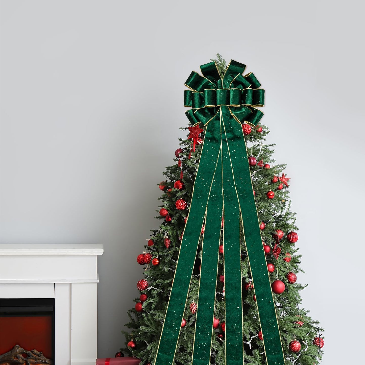 WRAPAHOLIC Large Christmas Tree Topper Bow - 13 x 52 Inch Green Glitter Christmas Tree Topper Ribbon Bow Wreath Bows with Wired Edge for Xmas Ornament Indoor Outdoor Decoration