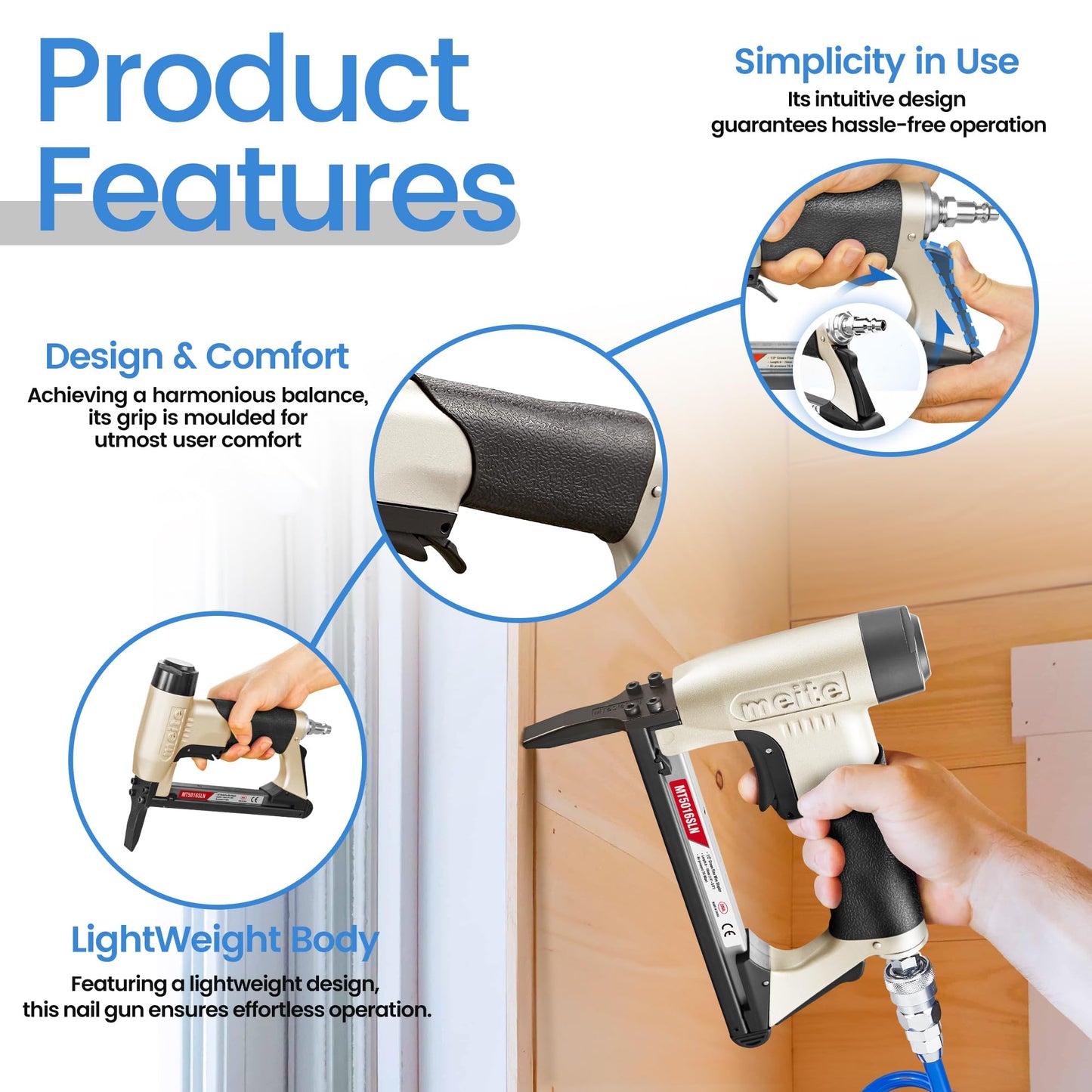 meite Upholstery Staple Gun with Extended Nose &Safety Trigger for 20 Gauge 1/2-Inch Crown Staples, Heavy-Duty Pneumatic Stapler for Woodworking and Decoration DIY Projects (Model MT5016SLN)