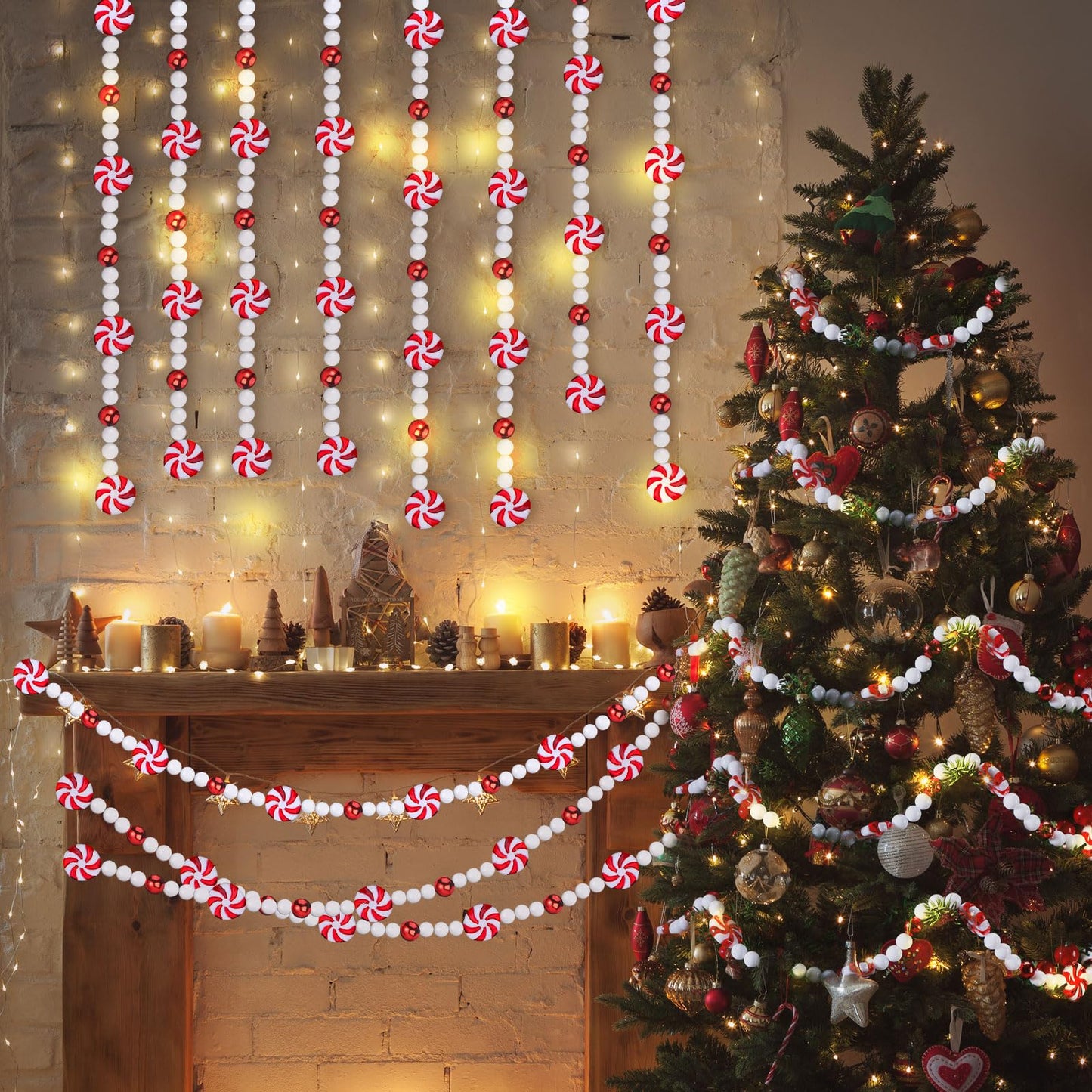 Gerrii 108 ft Christmas Candy Garland Christmas Tree Candy Bead Garland Holiday Plastic Cane Peppermint Red and White Decorations Xmas Hanging Garlands for Xmas Party Fireplace Home Decor