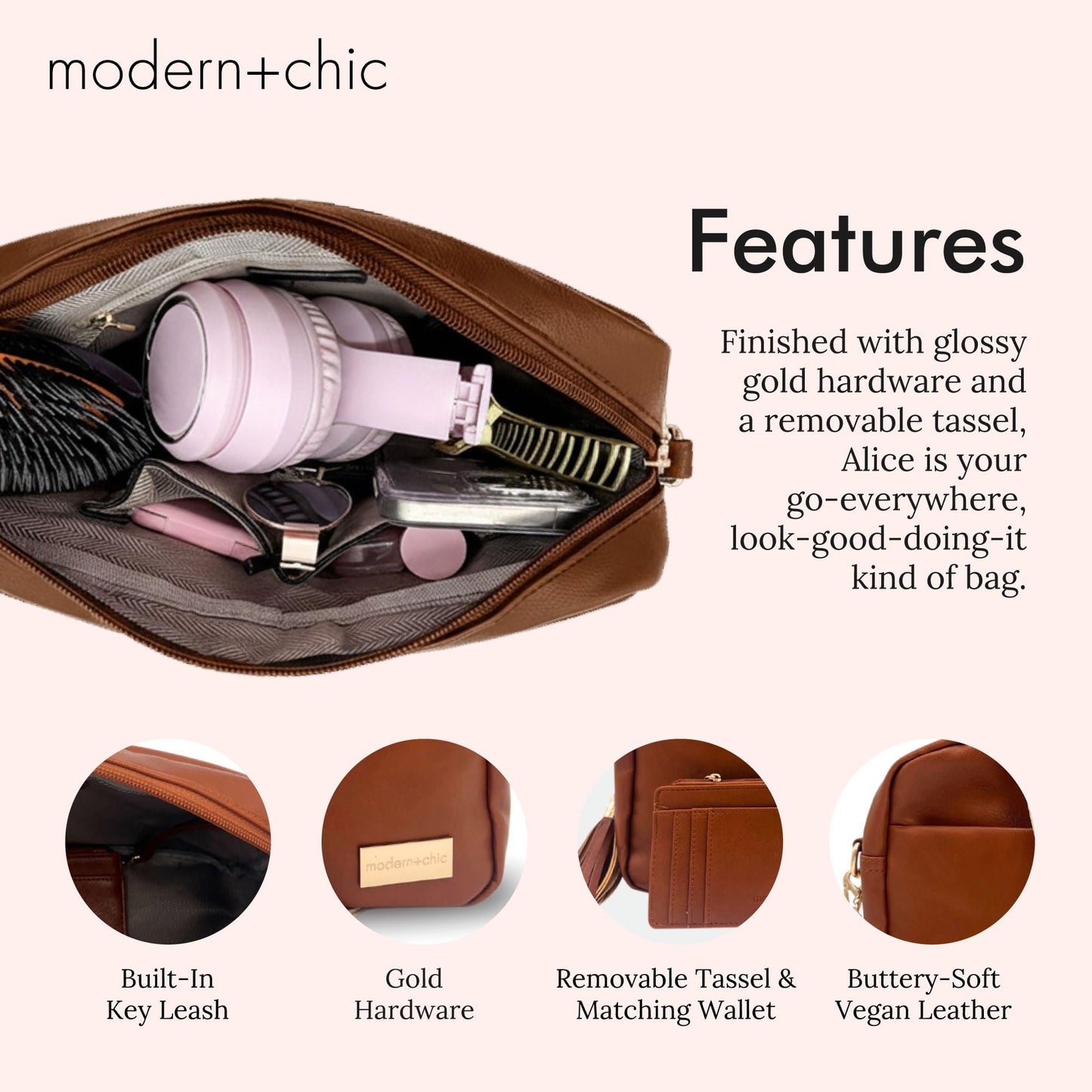 Modern+Chic Alice Crossbody Bags for Women, Small Vegan Leather Crossbody Purse, Adjustable Strap, Matching Free Wallet