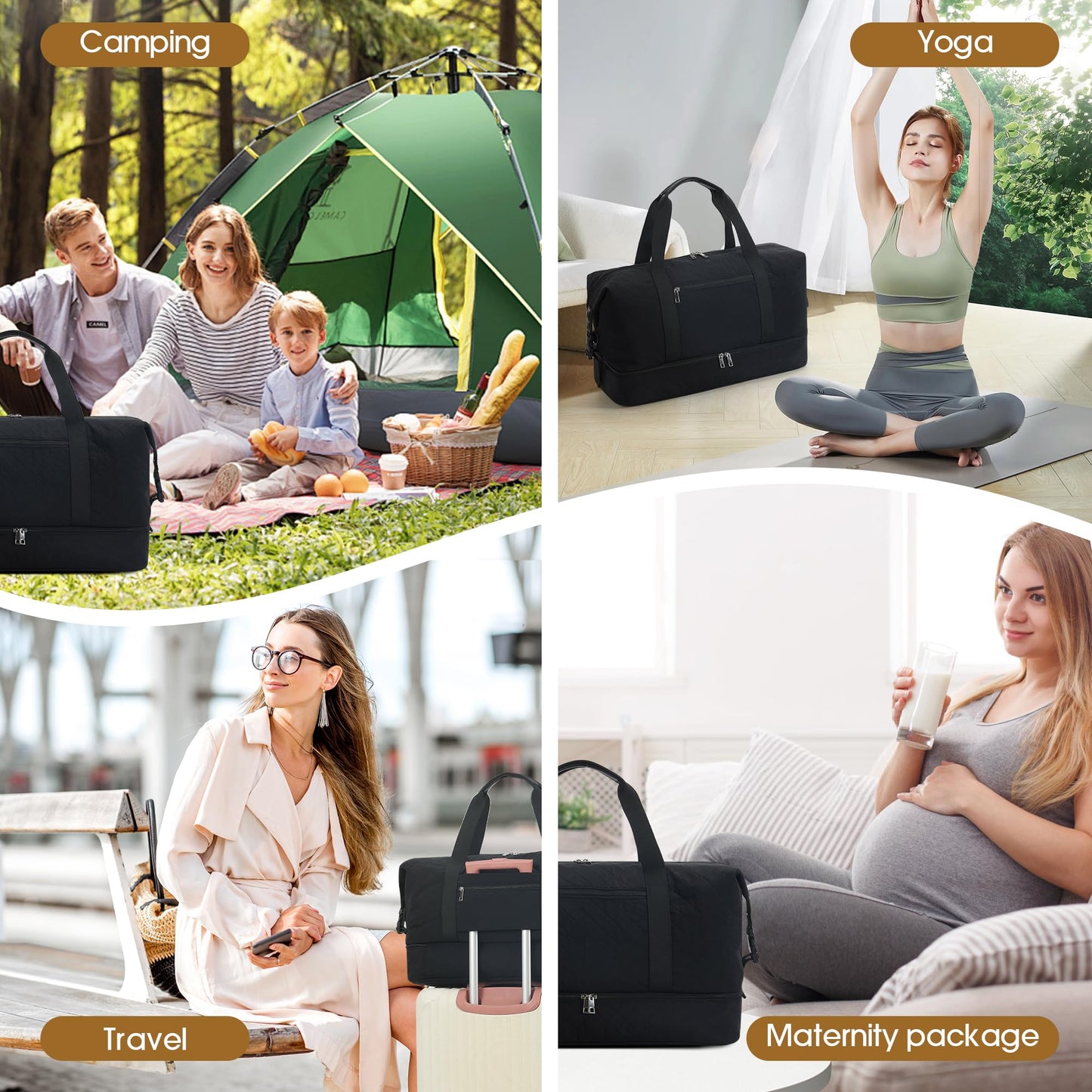 Oeihuivt Weekender Bags for Women with 3 Extra Pack - 21 Inch Large Travel Duffel Bag Set with Shoe Compartment, Heavy-Duty Nylon Carry on Overnight Tote, Black