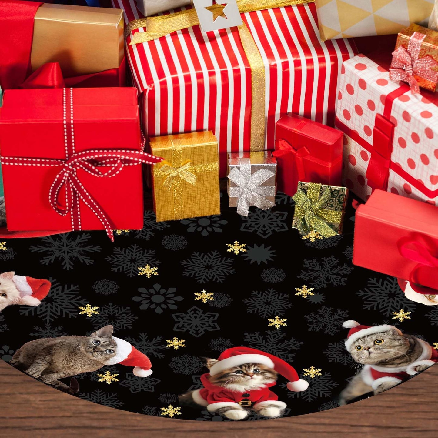 Cat Christmas Tree Skirt 36 Inches Black and Gold Xmas Skirt Under Tree Base Cover Collar Floor Mat for 6.5ft-Tree, Christmas Decor for Home Office Indoor Holiday Party Decor