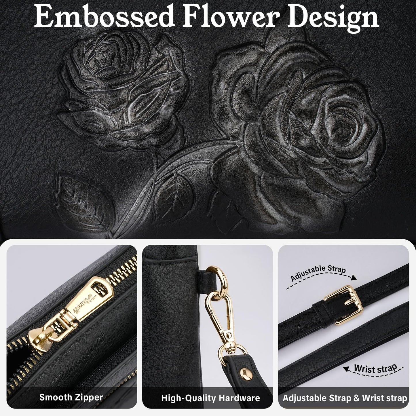 VIMUTI Vegan Leather Wristlet Wallet Purse for Women Small Clutch Purse with 2 Straps,Embossed Crossbody Cell Phone bag (Black)