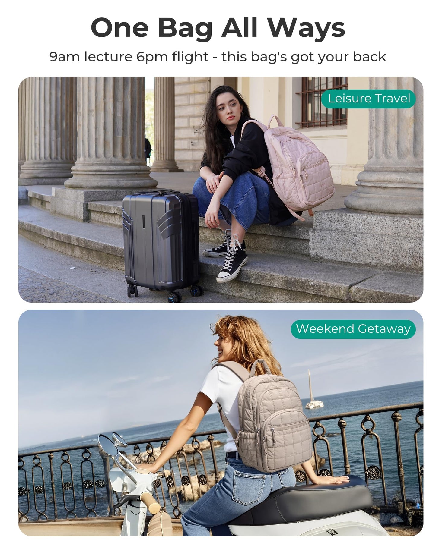 BAGSMART College Laptop Backpack, Travel Backpack for Women, Quilted Casual Daypack, Water-Resistant Bookbag for 15.6 Inch Laptop, Camel