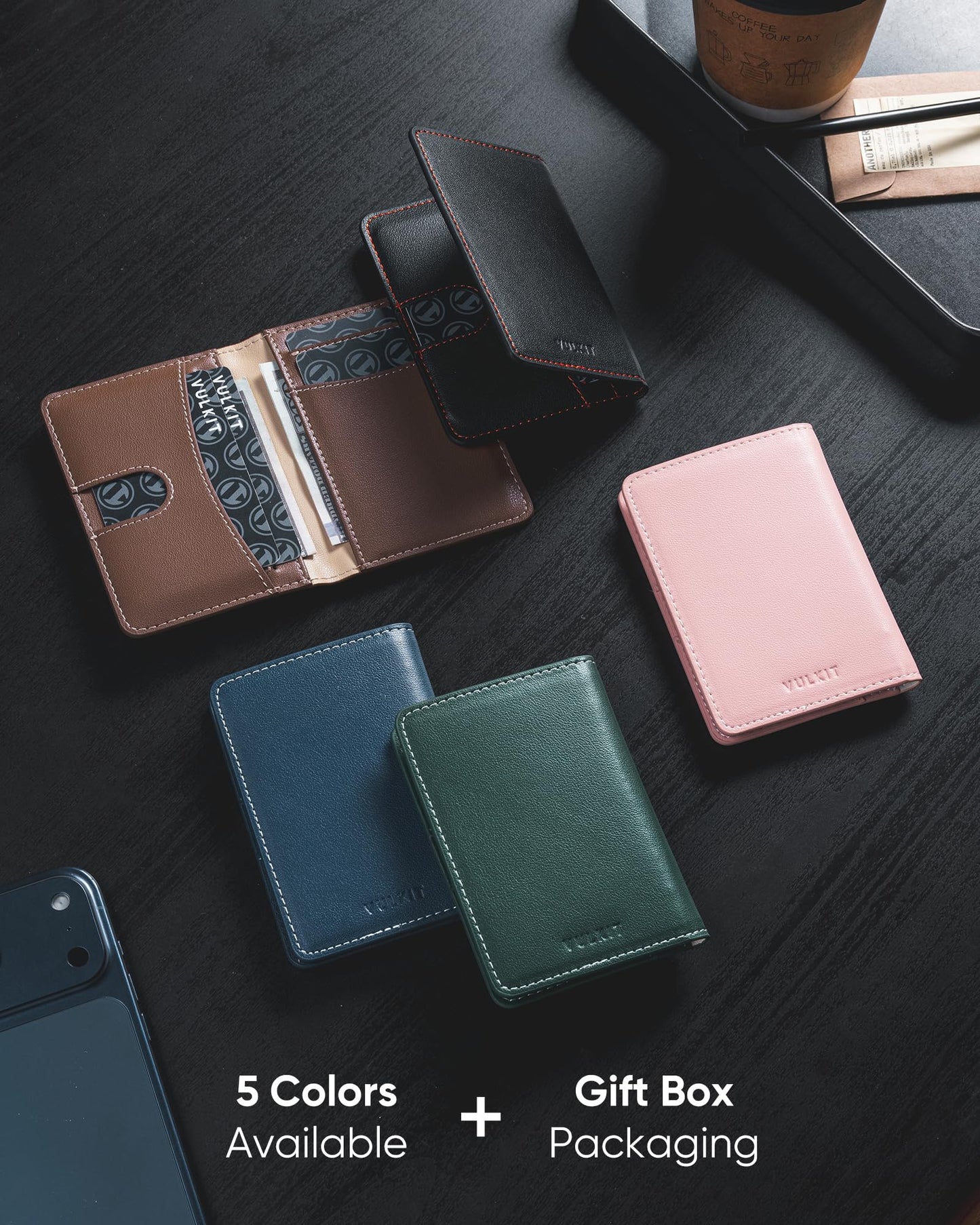 VULKIT Leather Slim Bifold Credit Card Holder for Max 8 Cards, Green