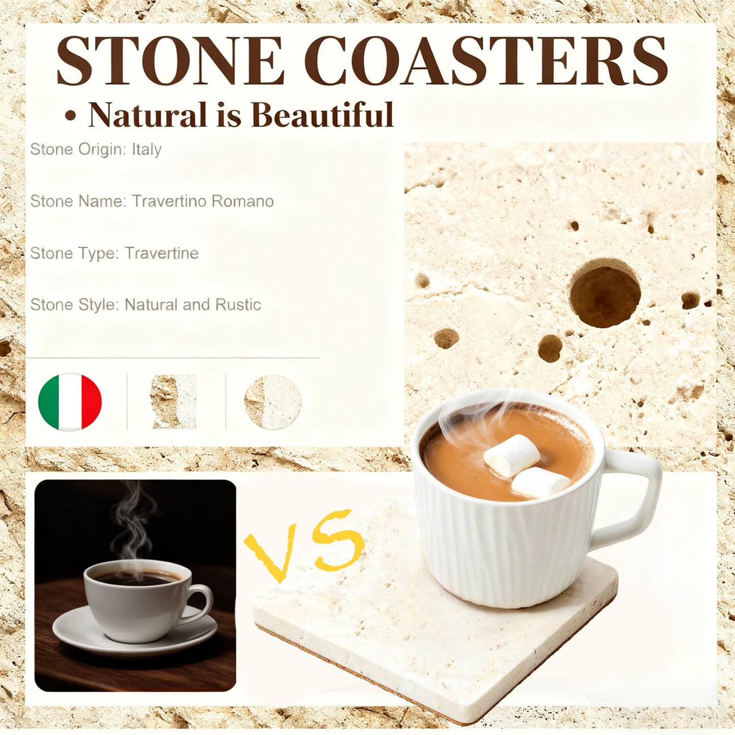 Travertine Stone Coasters Set of 2, 4" Natural Stone Desk Coasters for Drinks with 3mm Wooden Cork Backing, Durable Non-Slip Cup Mats, Table Protection for Coffee, Kitchen, Bar, Wedding