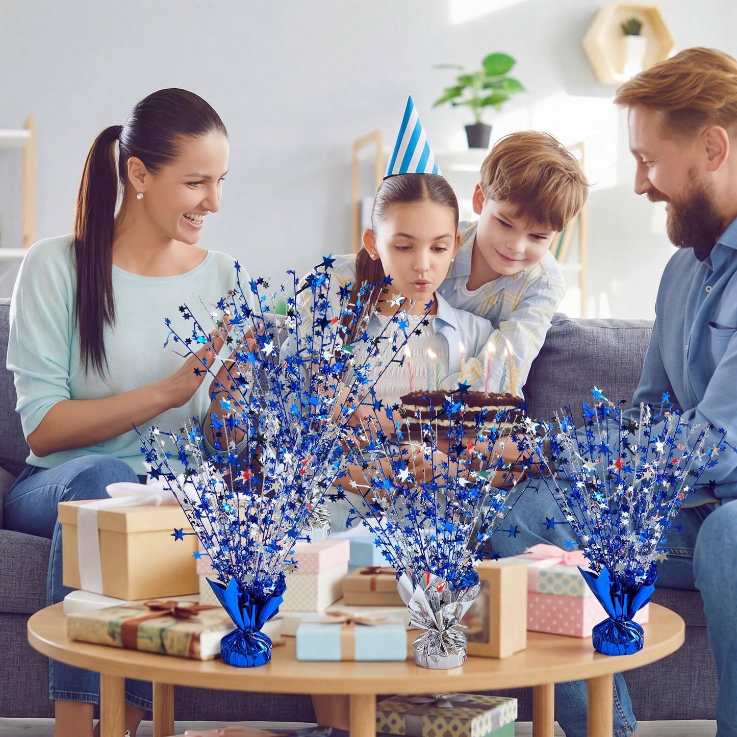 CraftyDream 6 Pcs Star Table Centerpieces Silver Blue Birthday Party Decorations Metallic Foil Spray Centerpieces Glitter Spray Table Decor for Birthday Anniversary Graduation Wedding Supplies