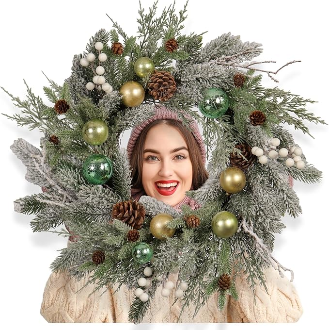Holiday Christmas Wreath for Front Door, Snow Flocked 22-inch Artificial Winter Wreath with Gold and Green Ornaments, Pinecones and White Berries - Indoor & Outdoor Christmas Decoration