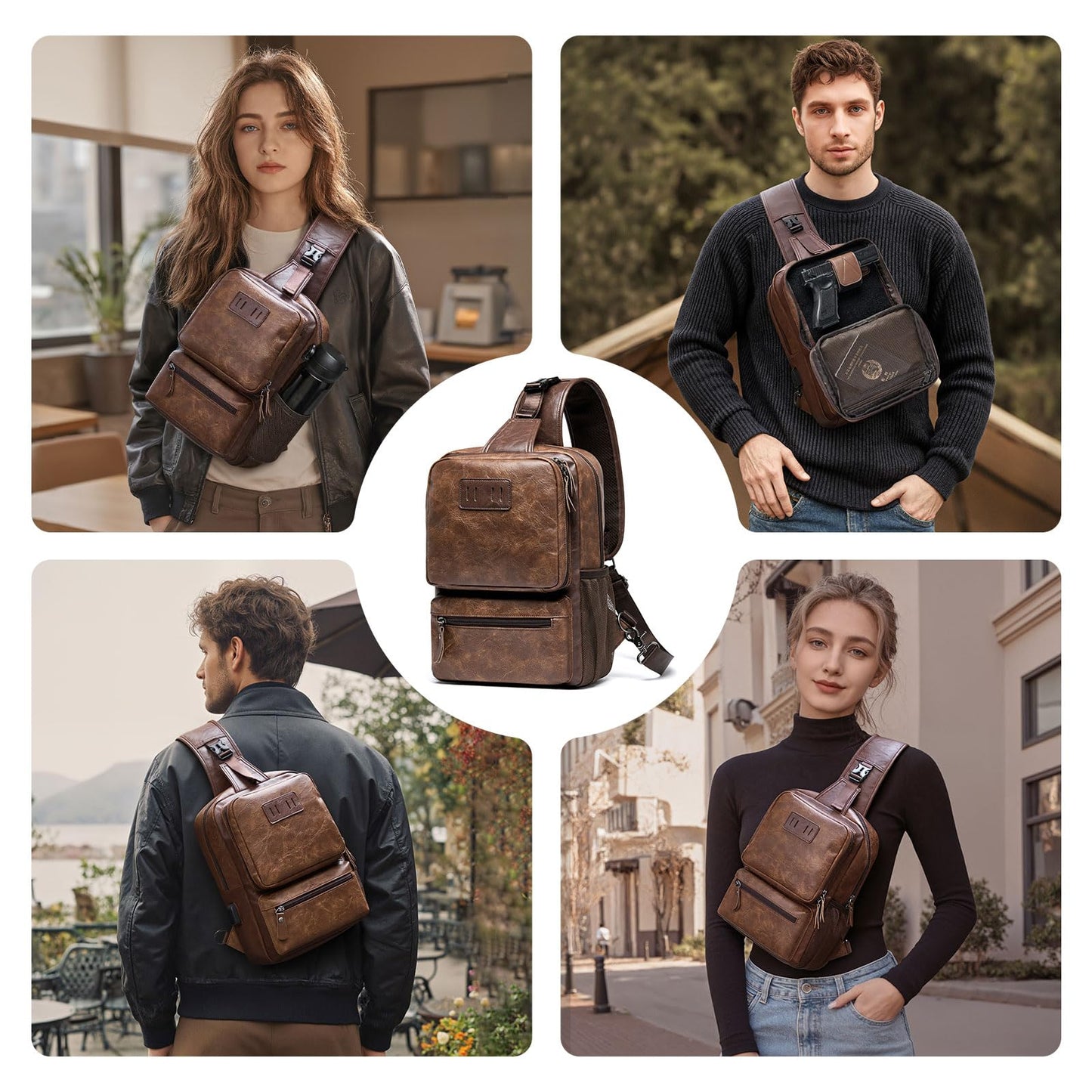MOYYI EDC Crossbody Bag for Men Leather Sling Bag, Tactical Chest Bag with USB Charging Port, 7L Small Casual Daypacks for Travel
