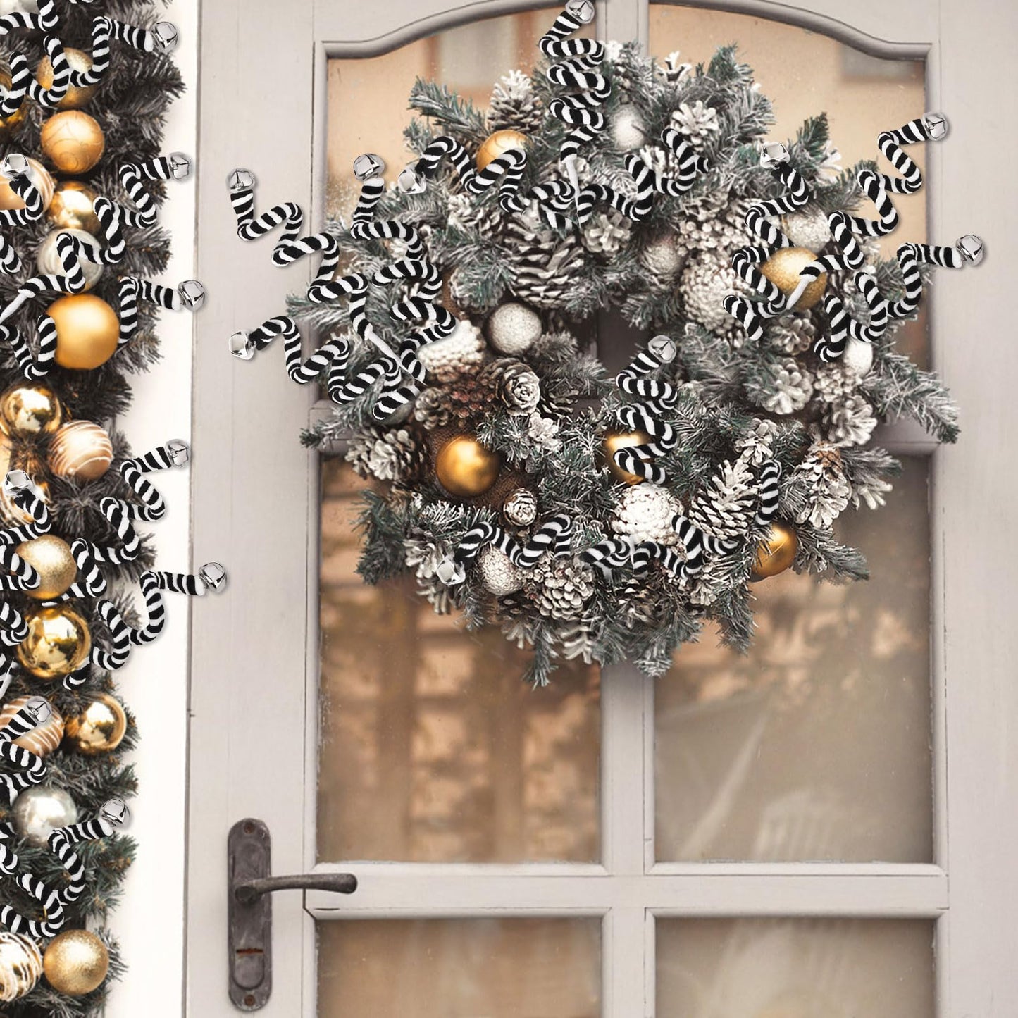 RINOLY 6 Pcs Christmas Tree Topper,17 in Black and White Candy Cane Christmas Decorations,Woolen Bells Curly Christmas Tree Picks Xmas Ornaments for Tree Decors Vase Filler Garland