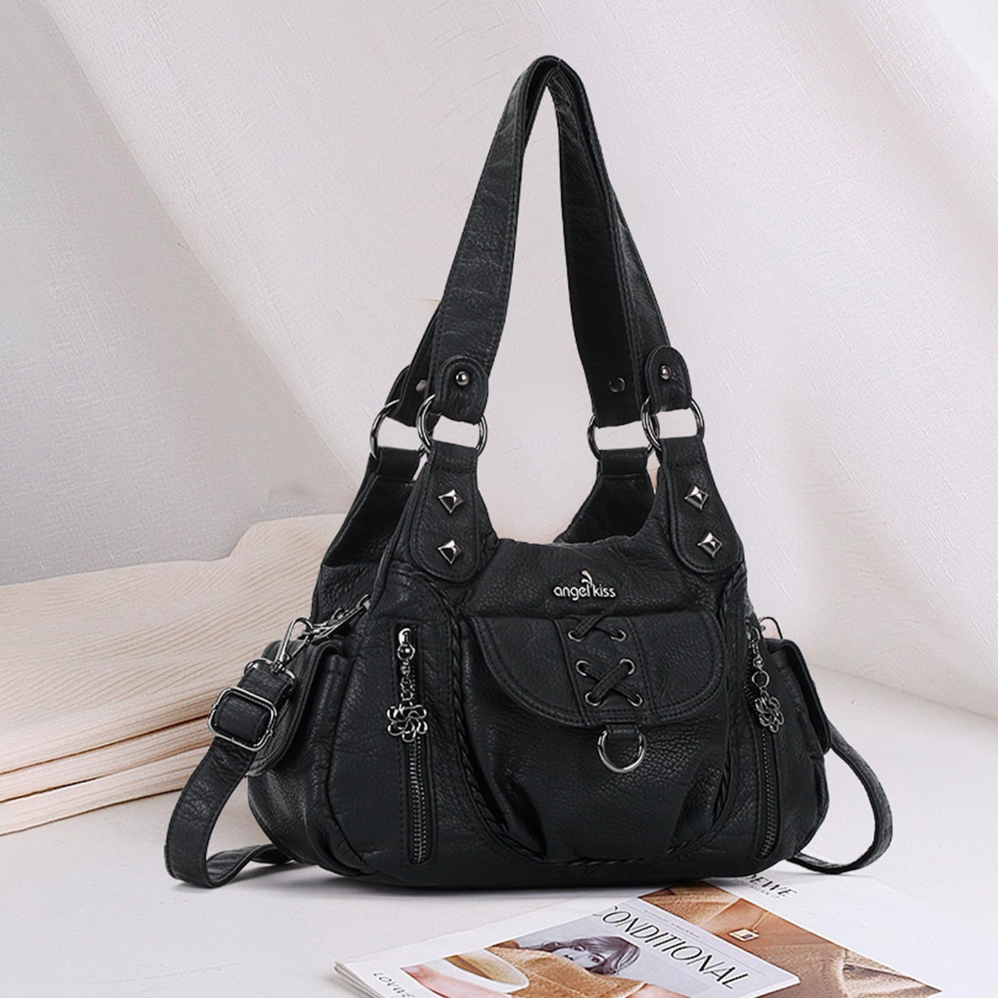 Angel Kiss Small Purses for Women Hobo Shoulder Bags Y2K Vegan Leather Multi-Pocket Handbags Designer Tote Bag with Crossbody Strap,Black