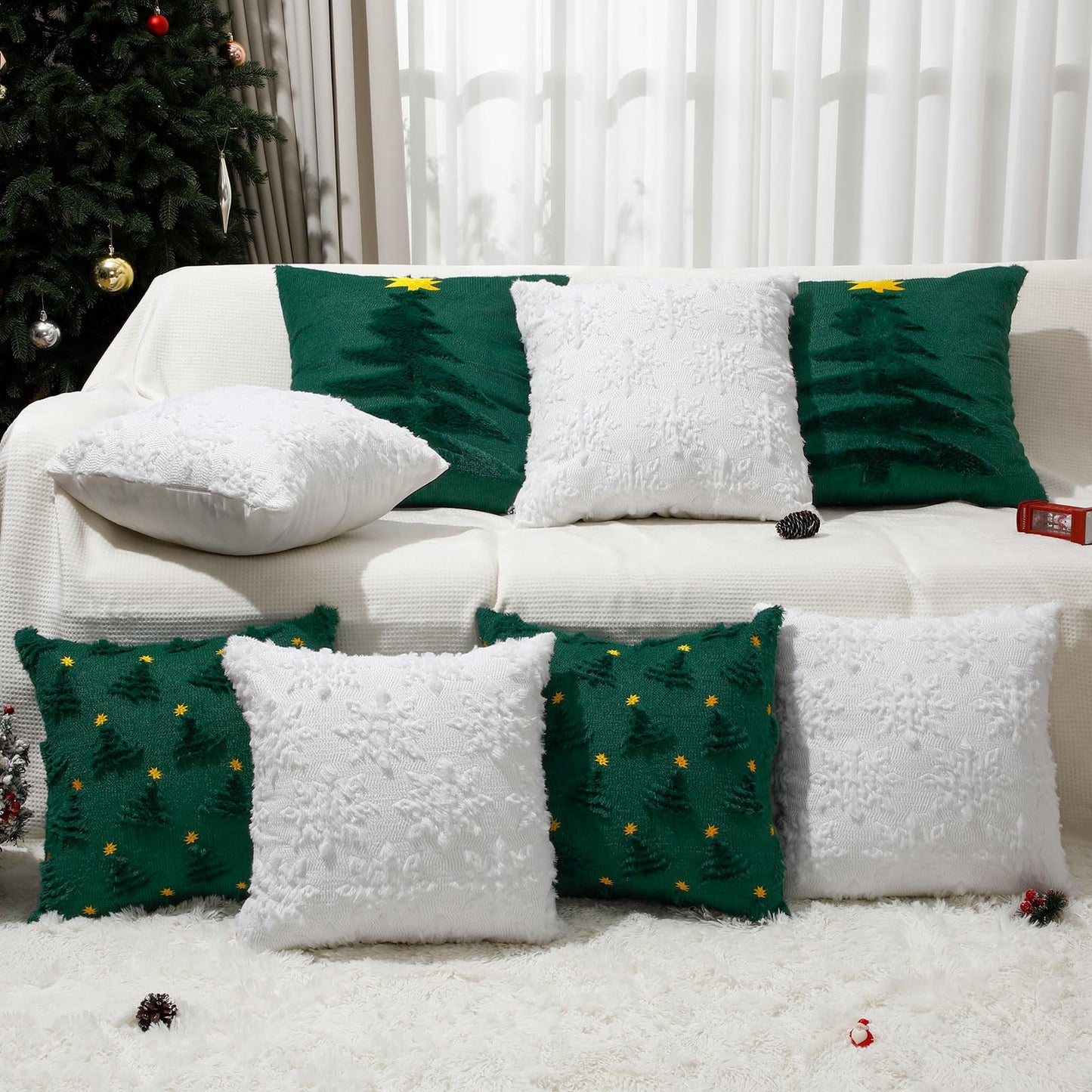 Tudomro 4 Pcs Snowflake Throw Pillow Covers White Winter Pillowcase 3D Embroidered Soft Plush Faux Fur Pillow Covers Winter Modern Home Decorative for Sofa Couch Bed(18 x 18 Inches)