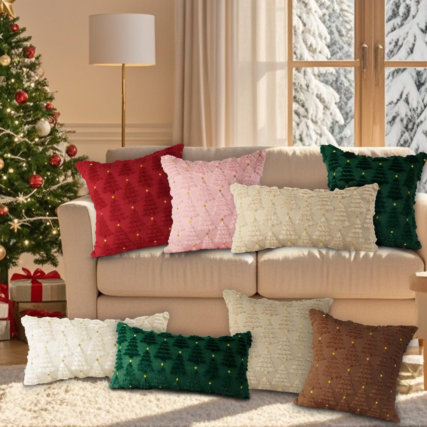 Lanpn Christmas 12x24 Throw Pillow Covers Set of 2, Winter Star Christmas Tree Throw Pillow Cases Soft Plush Faux Fur Wool 12 x 24 Winter Cushion Cover for Indoor Home Bedroom Couch Sofa Decor (Beige)