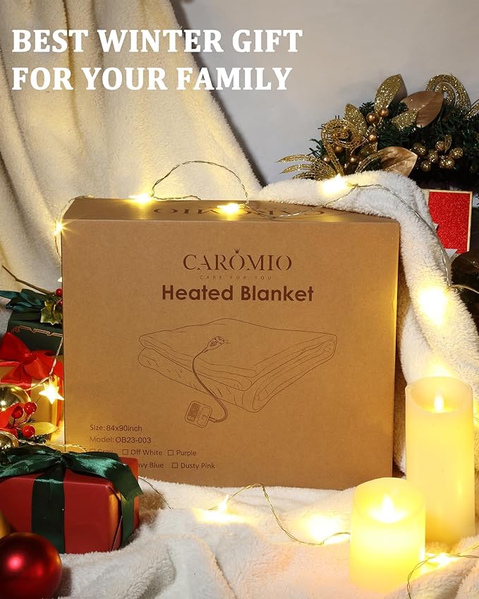 CAROMIO Heated Blanket Twin Size, Waffle Weave Electric Throw Blanket Fast Heating with LCD Controller, 10 Heat Levels & 1-12H Time Settings Auto Off, ETL Certified, Off White, 62" x 84"