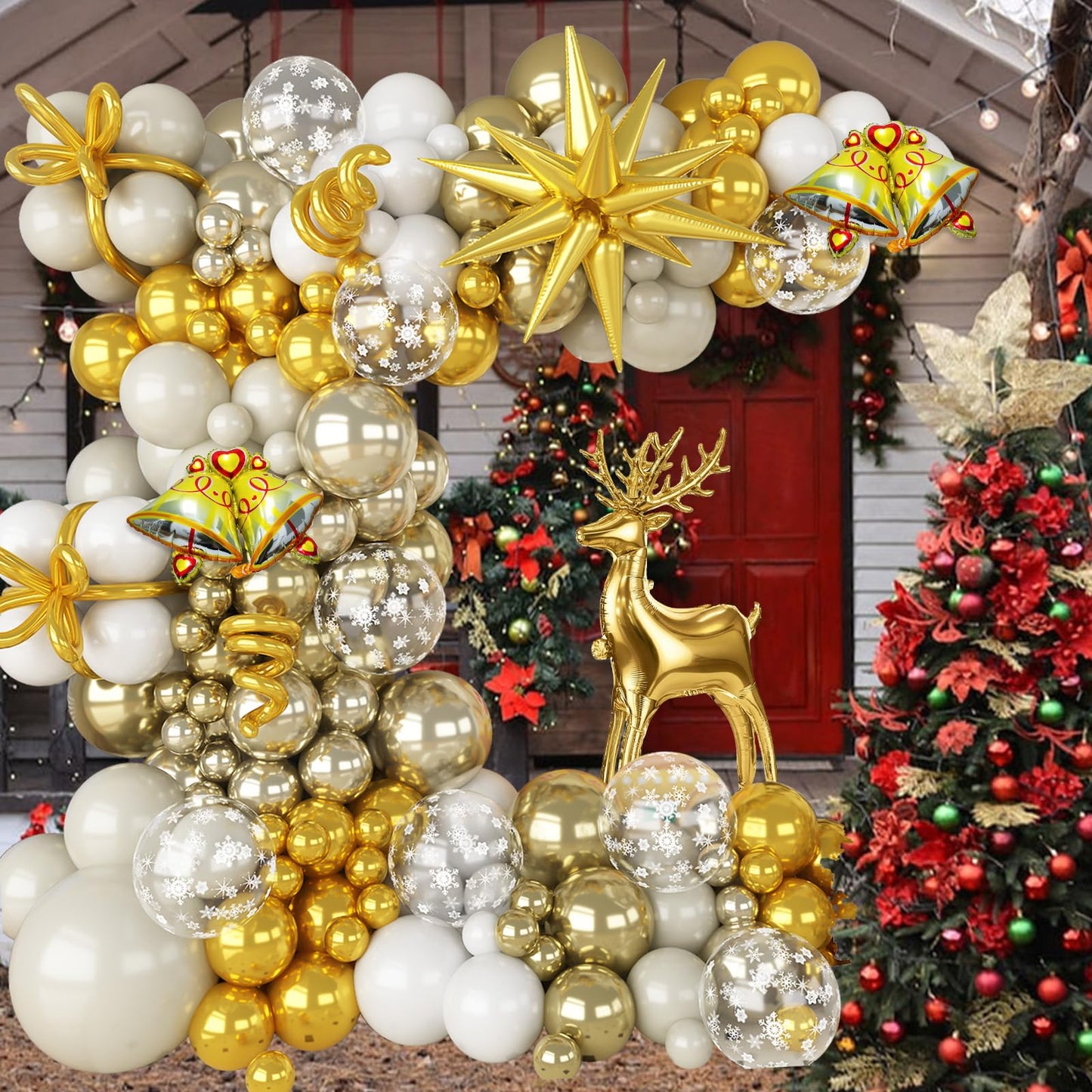 Christmas Party Decorations Xmas Balloon Arch Kit 121pcs White Gold Snowflakes Balloon with Metallic Light Gold Balloons Beige Gold Star Reindeer Deer Bell Foil Christmas Mylar Balloons for New Year