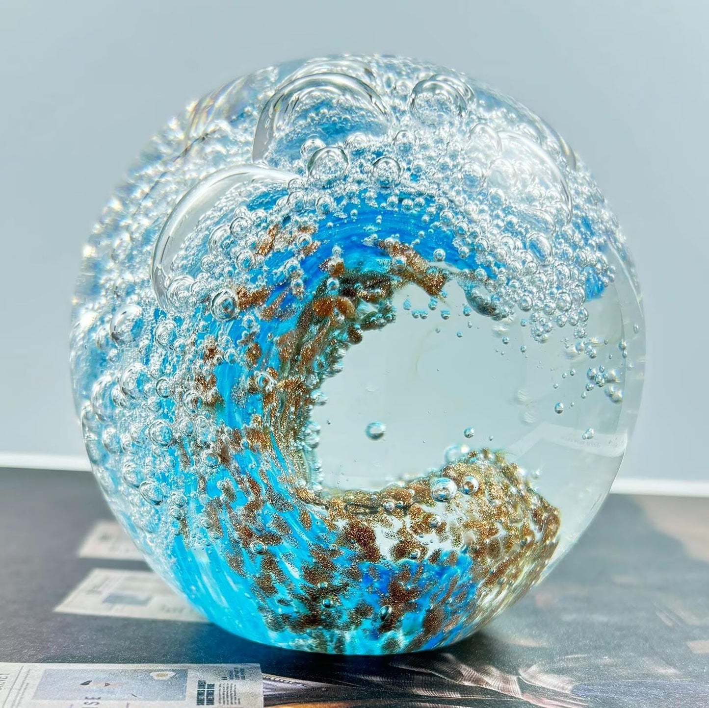 FZBHRO Decorative Crystal Ball Figurines Ocean Waves Paperweight Blown Glass Decor Sea Art Ocean Lovers Gift Blue Amber 3.15"