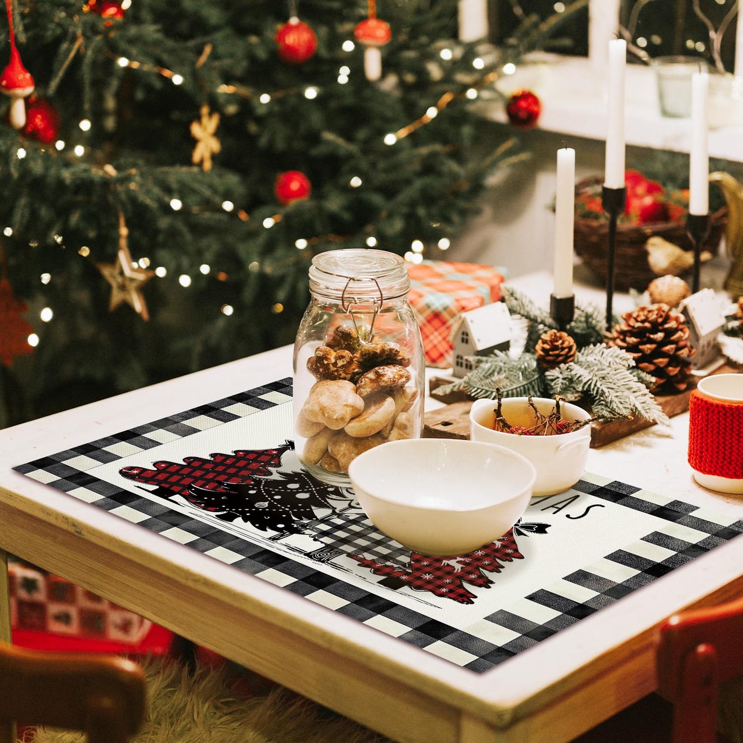 Christmas Tree Snowflakes Placemats Set of 4 Winter Gifts for Christmas Women Rustic Holiday Plaid Placemats Decor for Xmas Party Outdoor Home Kitchen Dining Recyclable Table Mats 12x18 inch - DH713