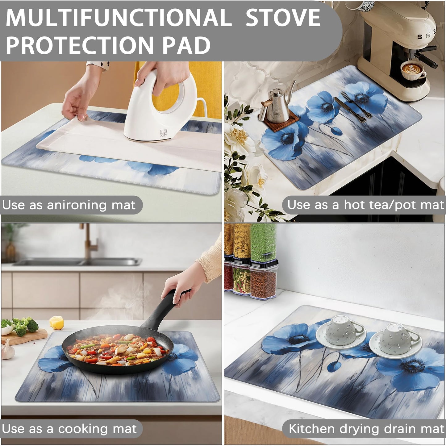Stove Top Cover for Electric Stove,Vintage Blue Flower Anti-Slip Heat Resistant Rubber Flat Top Oven Cover Mat, Dish Drying Mat 28.5'' x 20.5''