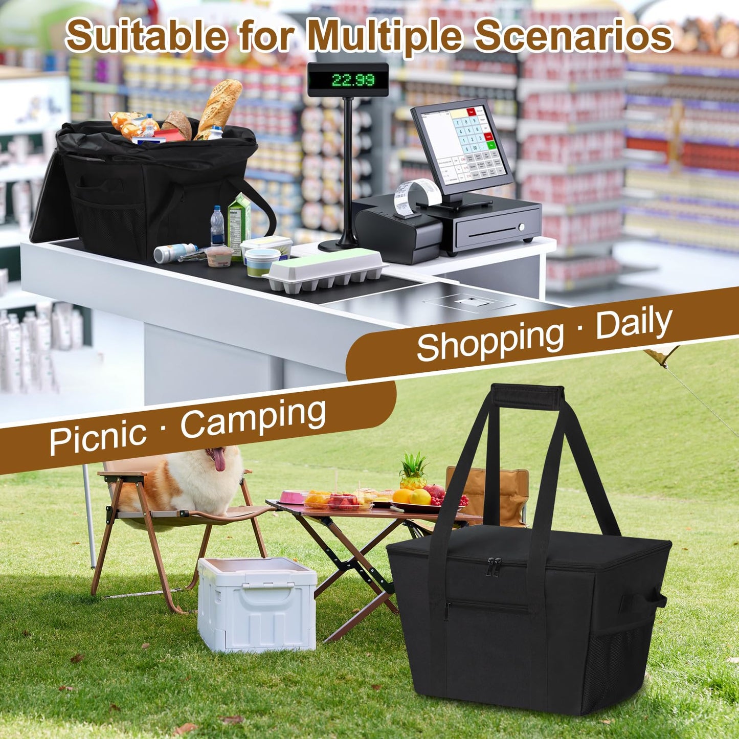 DSDCDJ Reusable Grocery Bag – Expandable Insulated Cooler Bag with Bottom Board, Collapsible Insulated Shopping Bag with Zipper & Drawstring, Heavy Duty Tote Bag for Shopping, Delivery, Picnic, Beach