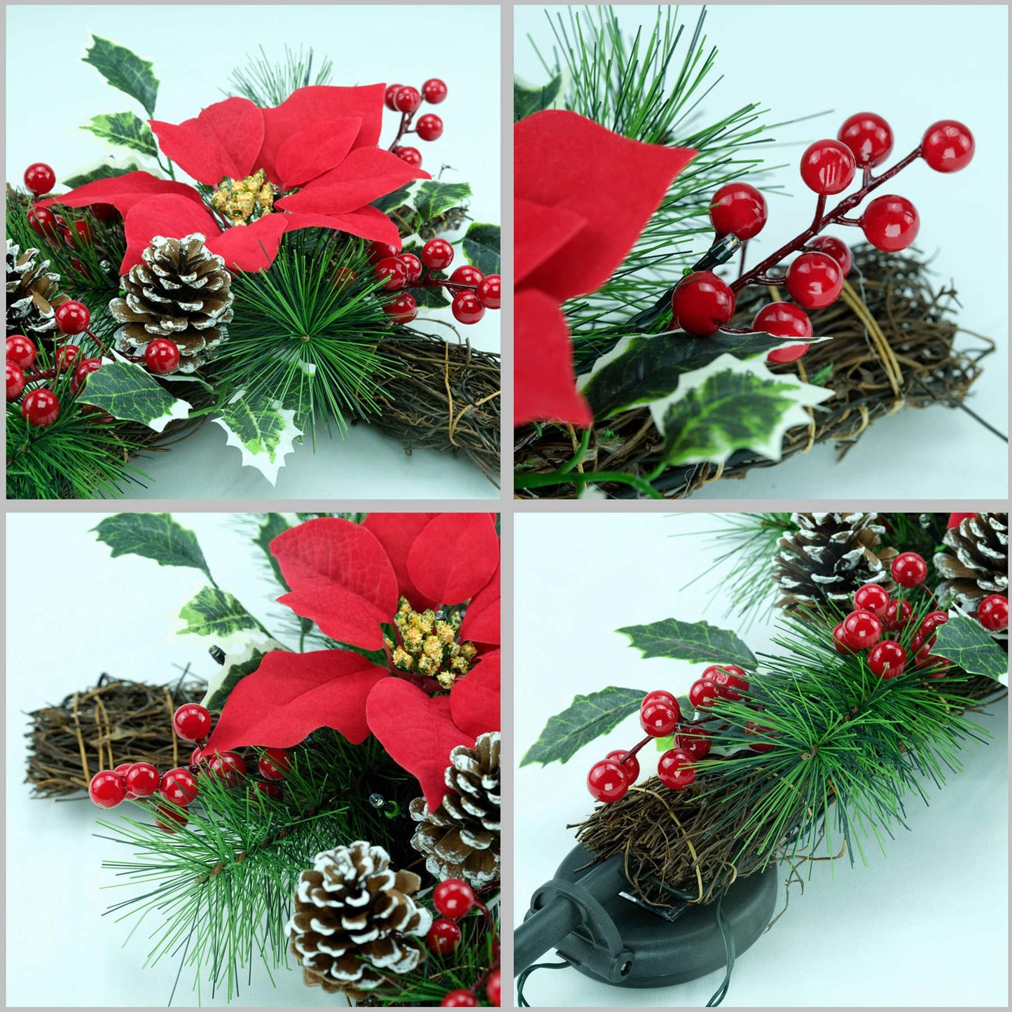 YULETIME 36" Christmas Cross Stake, Solar Powered with 15 Fairy Lights, Metal Cross, Natural Rattan, Red Poinsettia & Berries, Pine Cones, Pine Needles (Red)
